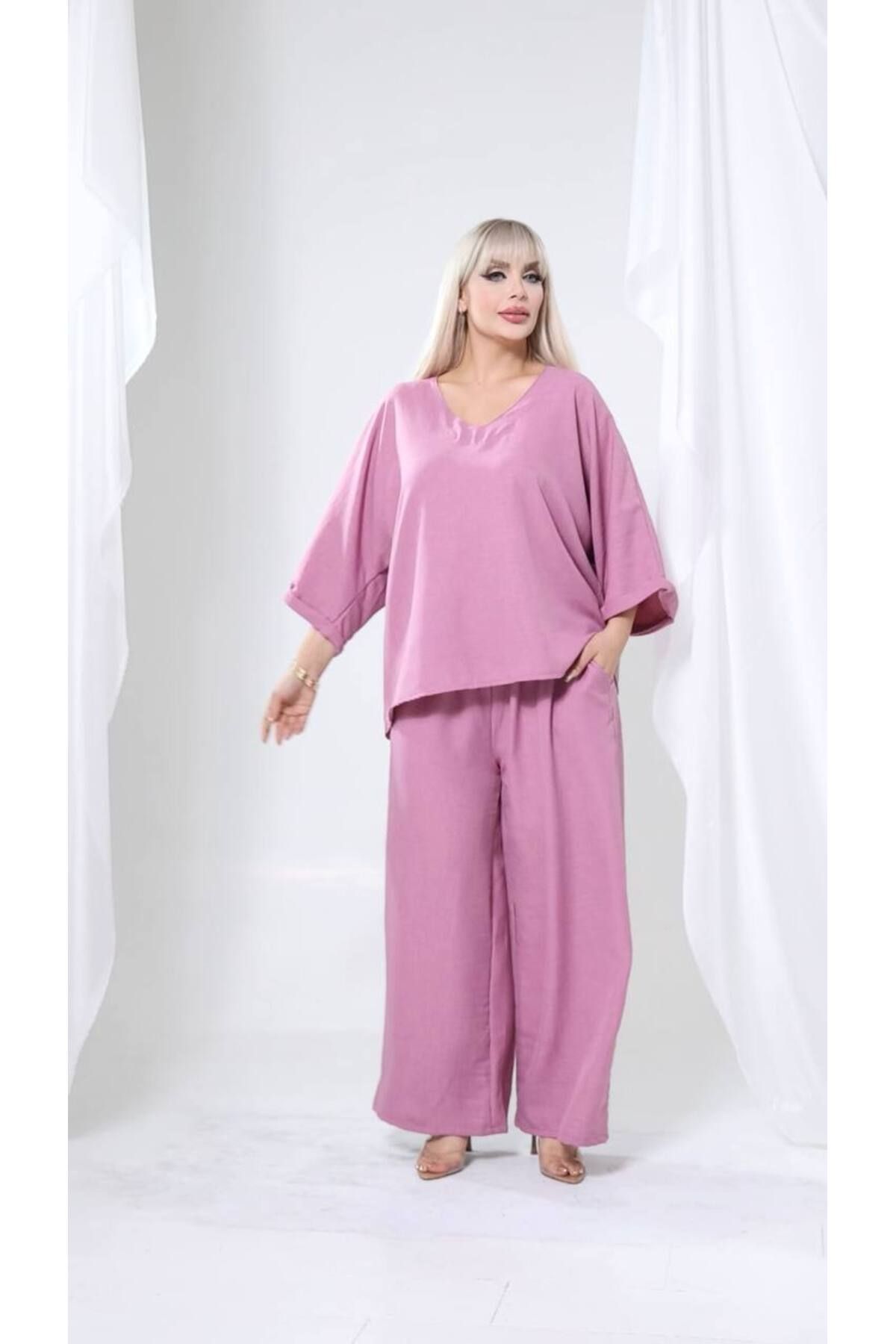 garajmood-Plum Linen Fabric Wide Comfortable Fit V-Neck Bottom Top Set 5