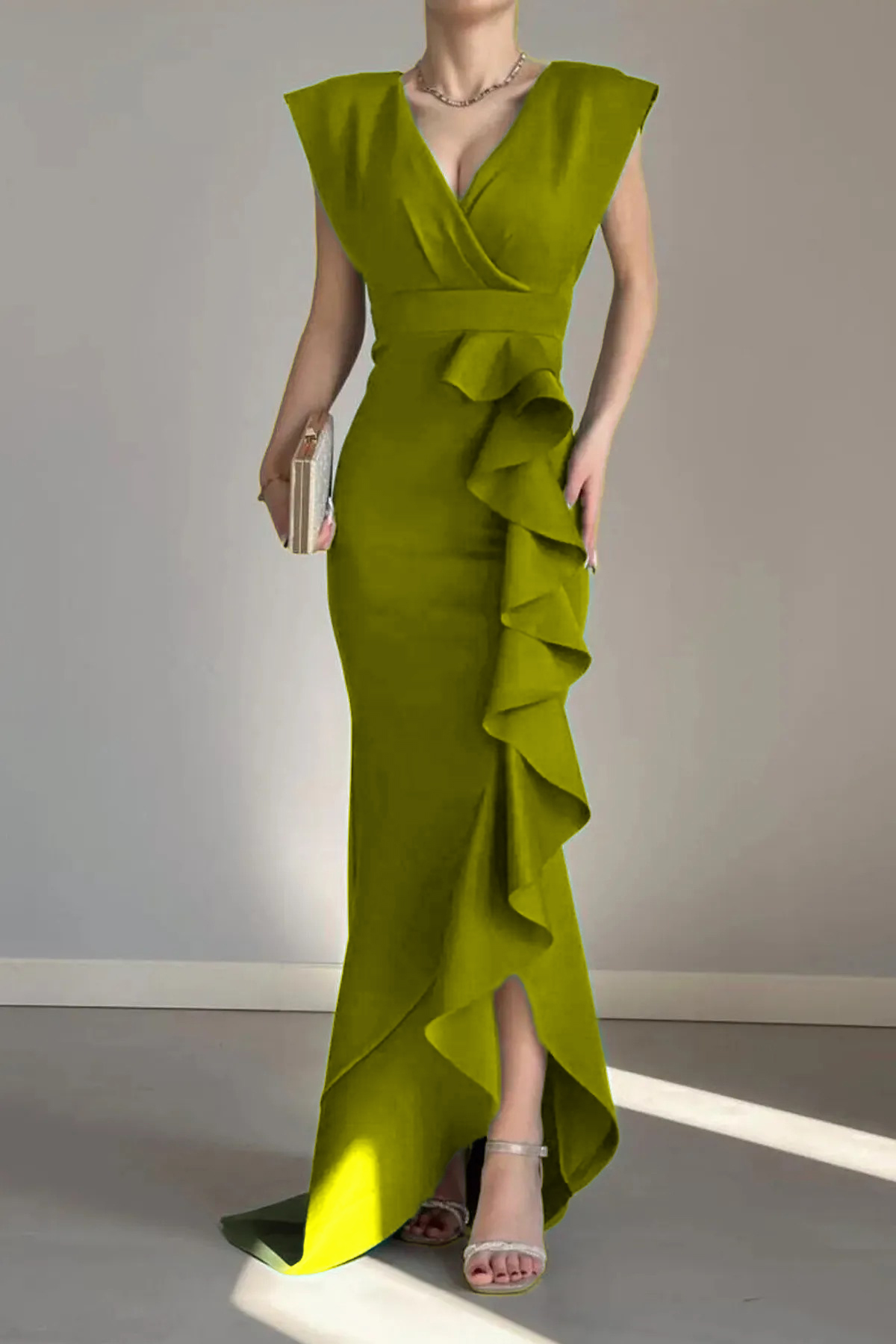 Women's Scuba Diving Fabric Wrap Collar Skirt Flywheel Oil Green Dress