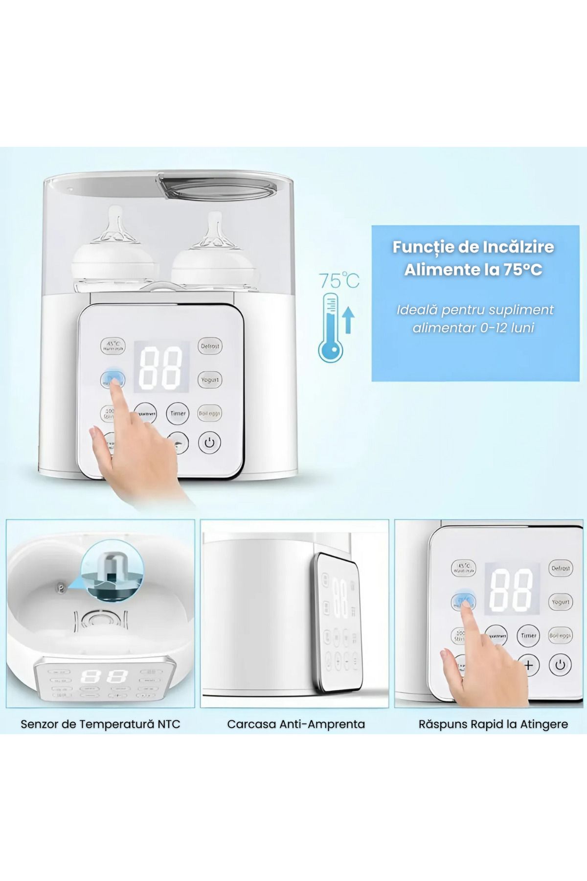 D&K WONDER-Incalzitor & Sterilizator Biberoane 6-în-1, Display Digital, 2 Biberoane, 100°C/45°C 8