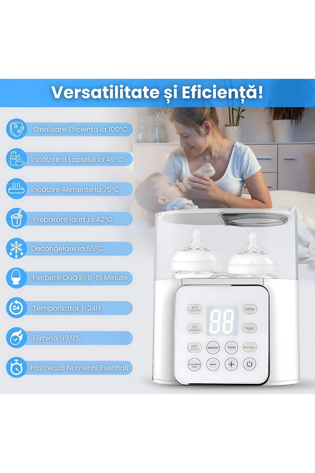 D&K WONDER-Incalzitor & Sterilizator Biberoane 6-în-1, Display Digital, 2 Biberoane, 100°C/45°C 11