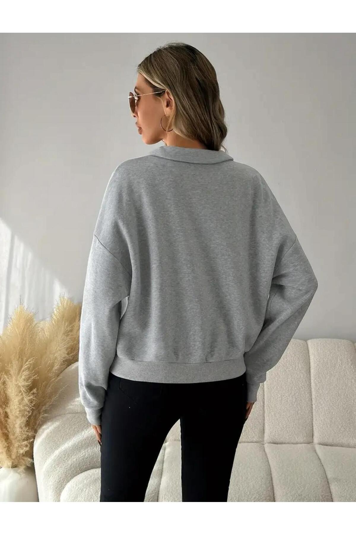 caddekombin  Kadın Yarım Fermuarlı Dik Yaka Özel Tasarım İçi Yünlü Gri Sweatshirt - Görsel 5