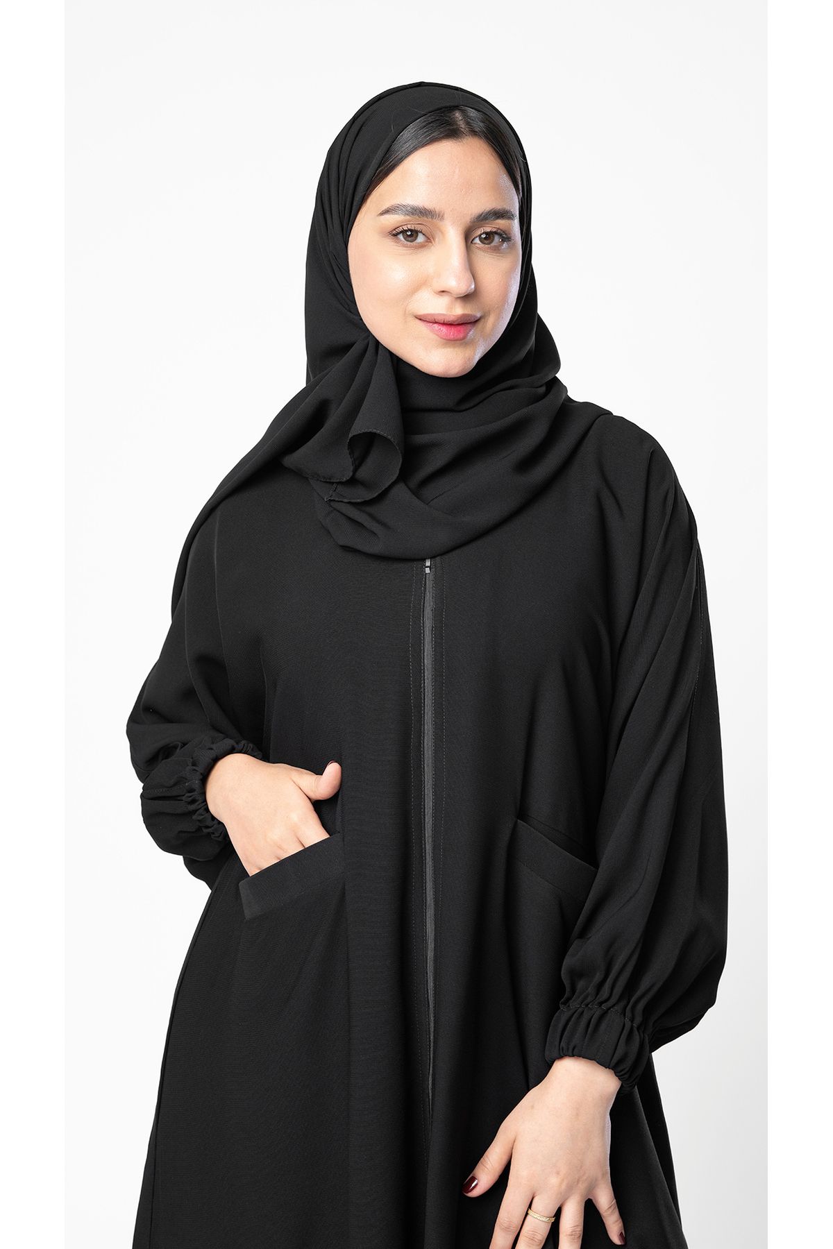 outline-Plain black abaya with zipper and pockets 3