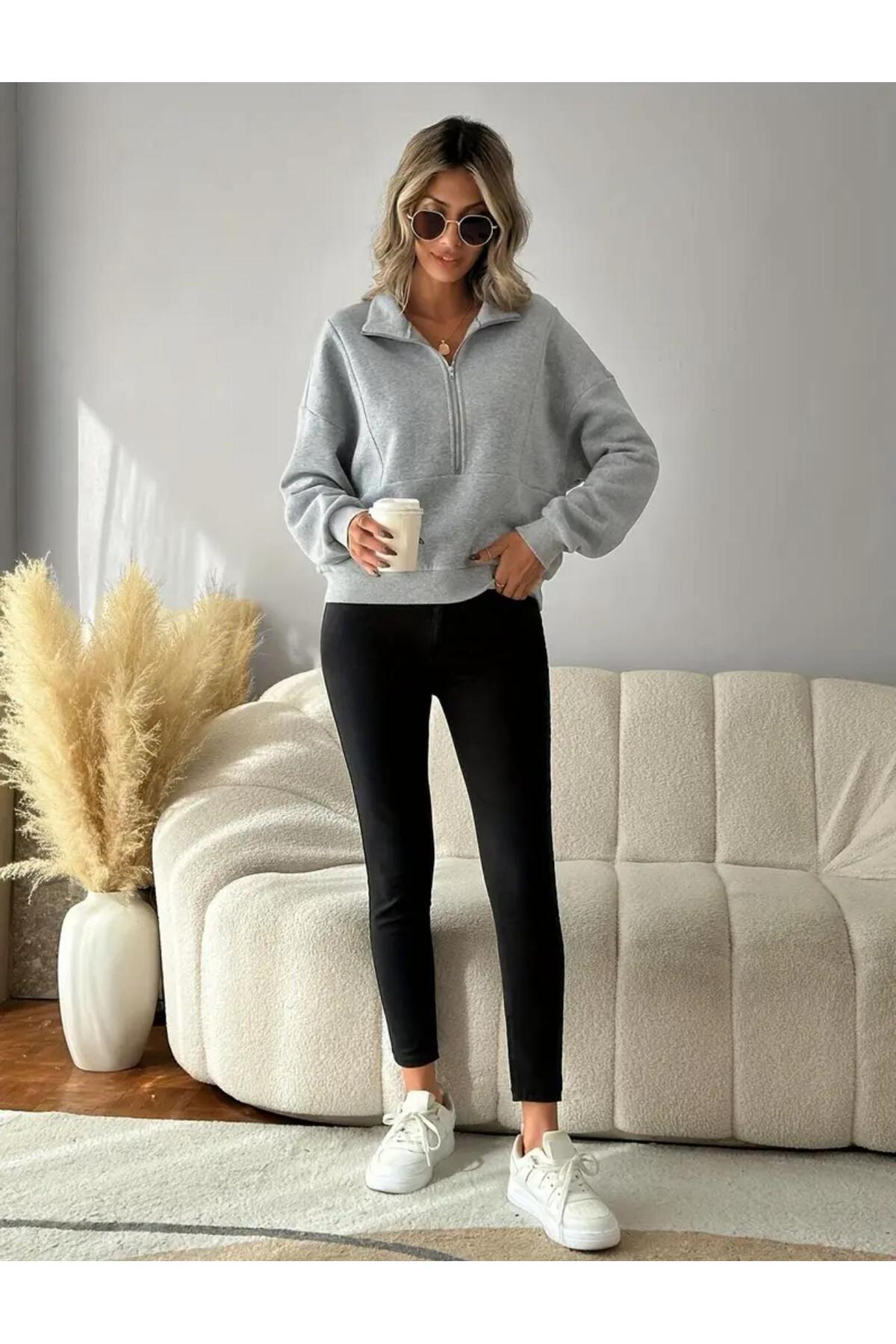 caddekombin  Kadın Yarım Fermuarlı Dik Yaka Özel Tasarım İçi Yünlü Gri Sweatshirt - Görsel 4