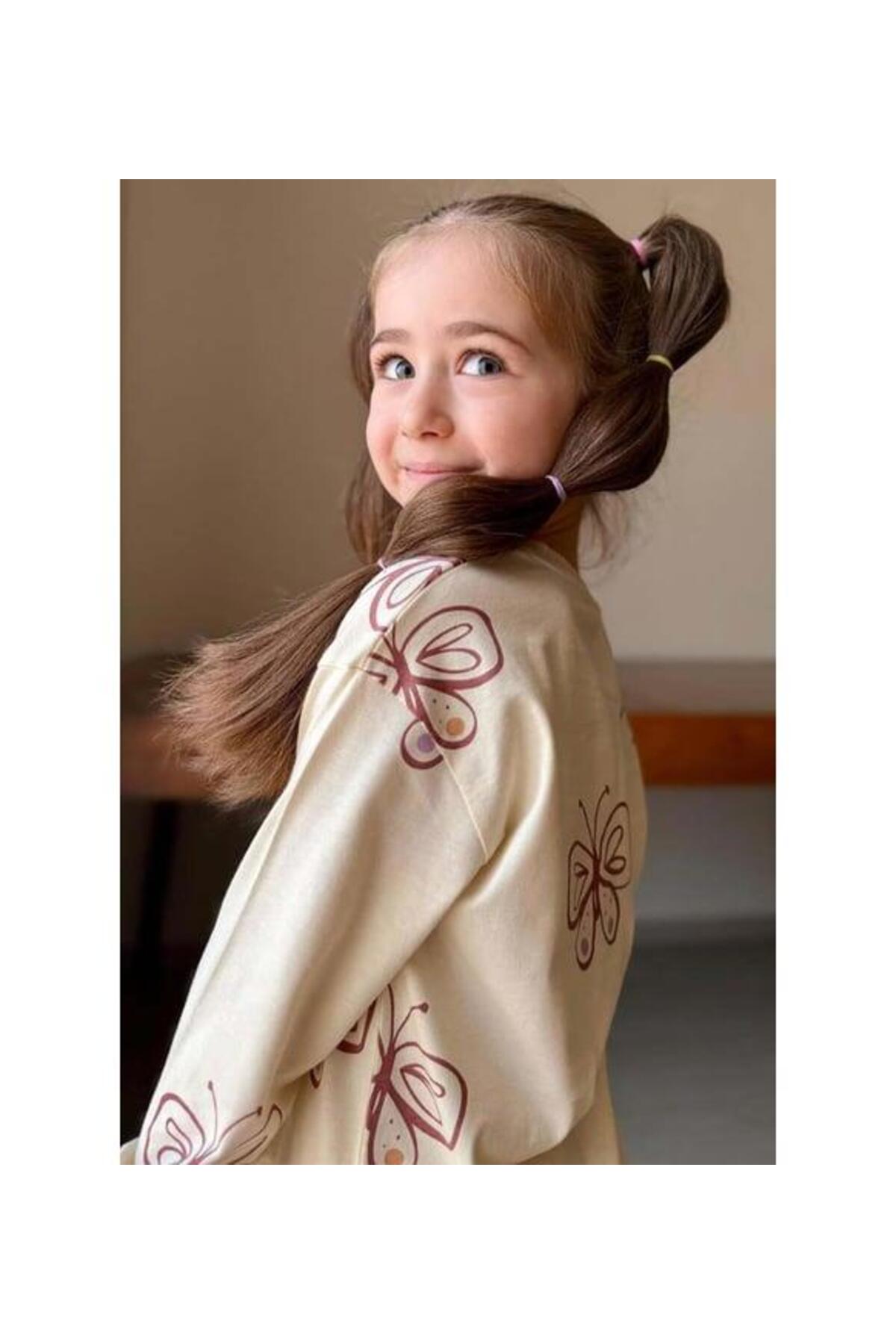 RAPAPA Kız Çocuk Uzun Kollu Bilekleri Manşetli Kelebek Desenli Krem Pijama Takımı 3213 fotoğrafı 5 (önizleme)