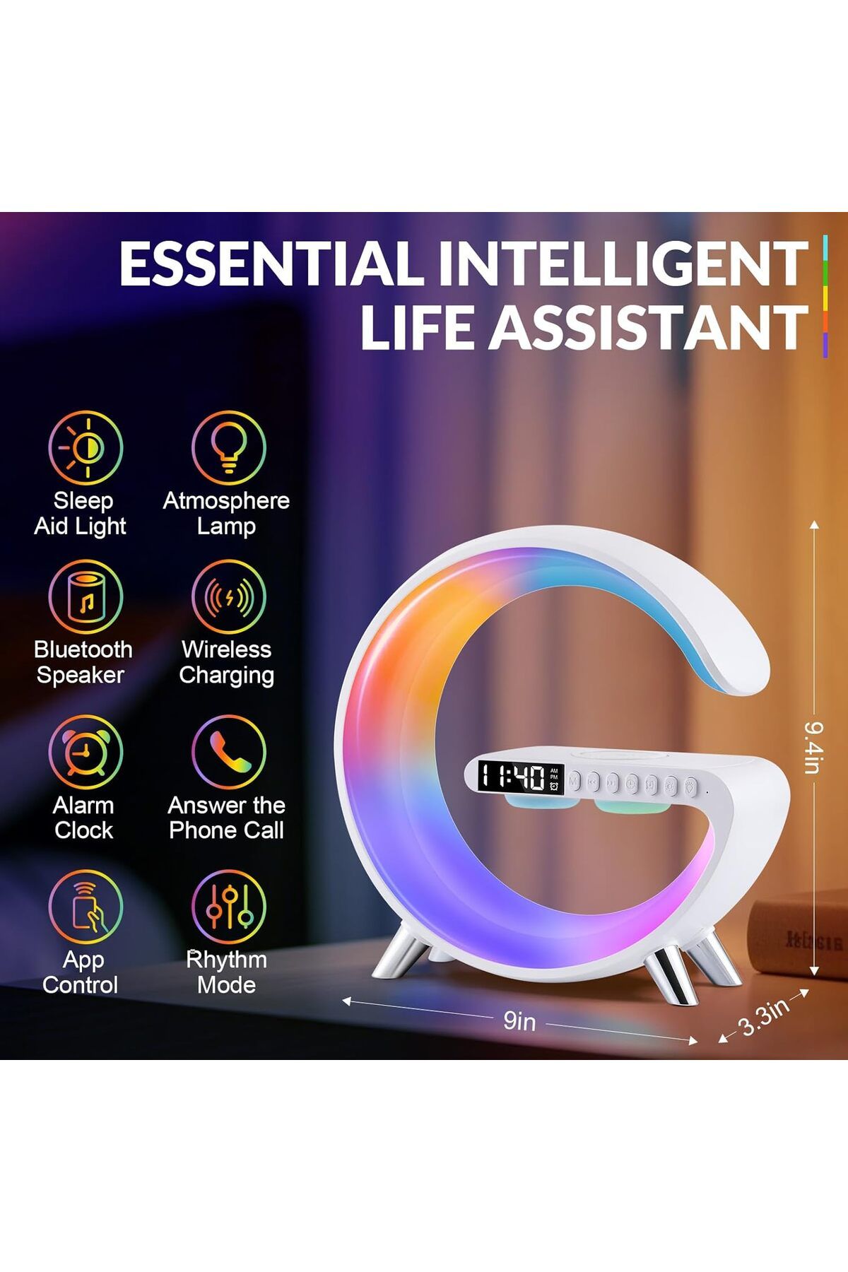SUKILO-Wireless Charging Night Light with Bluetooth Speaker, Smart 6-in-1 Table Lamp with Alarm Cloc 3