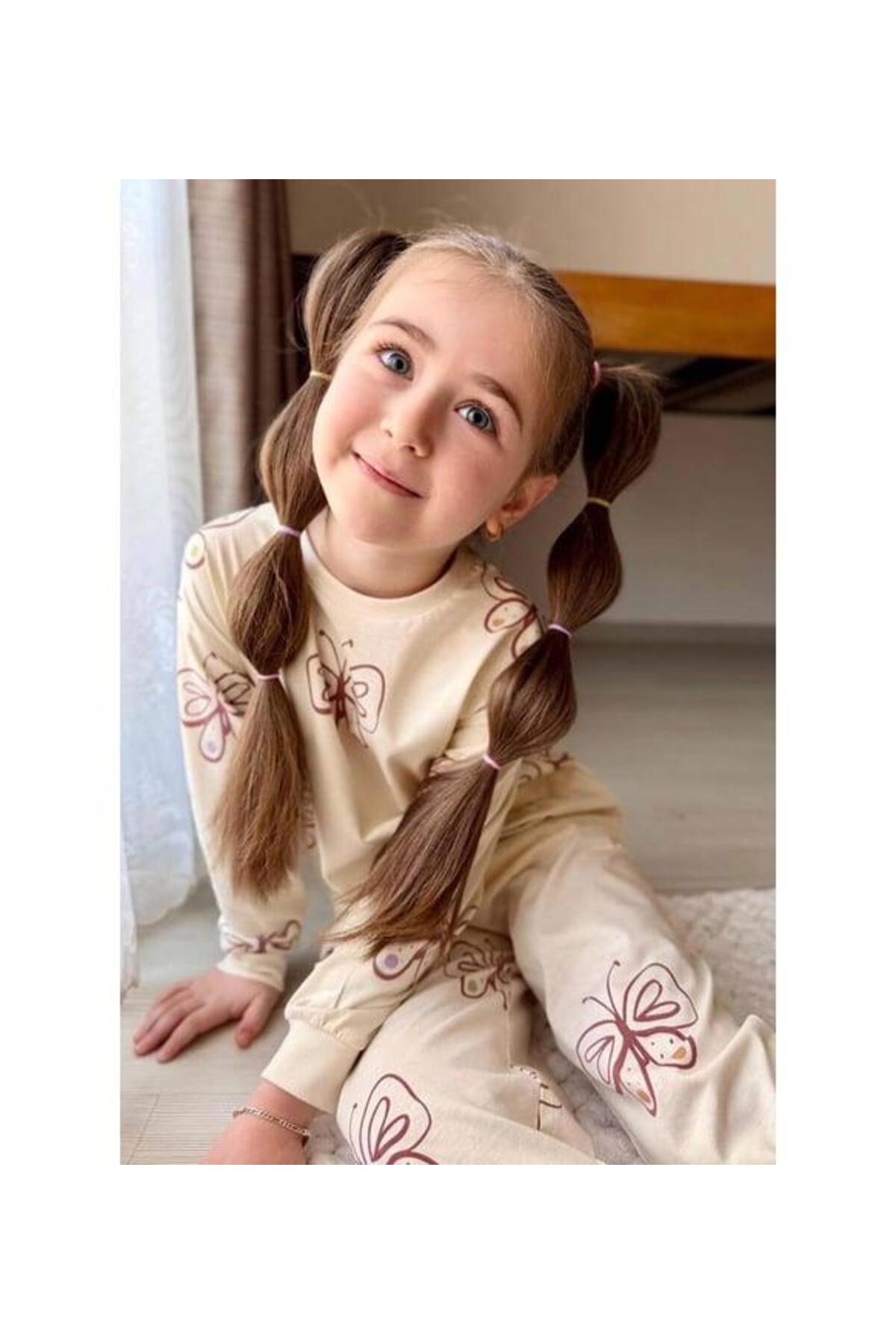 RAPAPA Kız Çocuk Uzun Kollu Bilekleri Manşetli Kelebek Desenli Krem Pijama Takımı 3213 fotoğrafı 4 (önizleme)