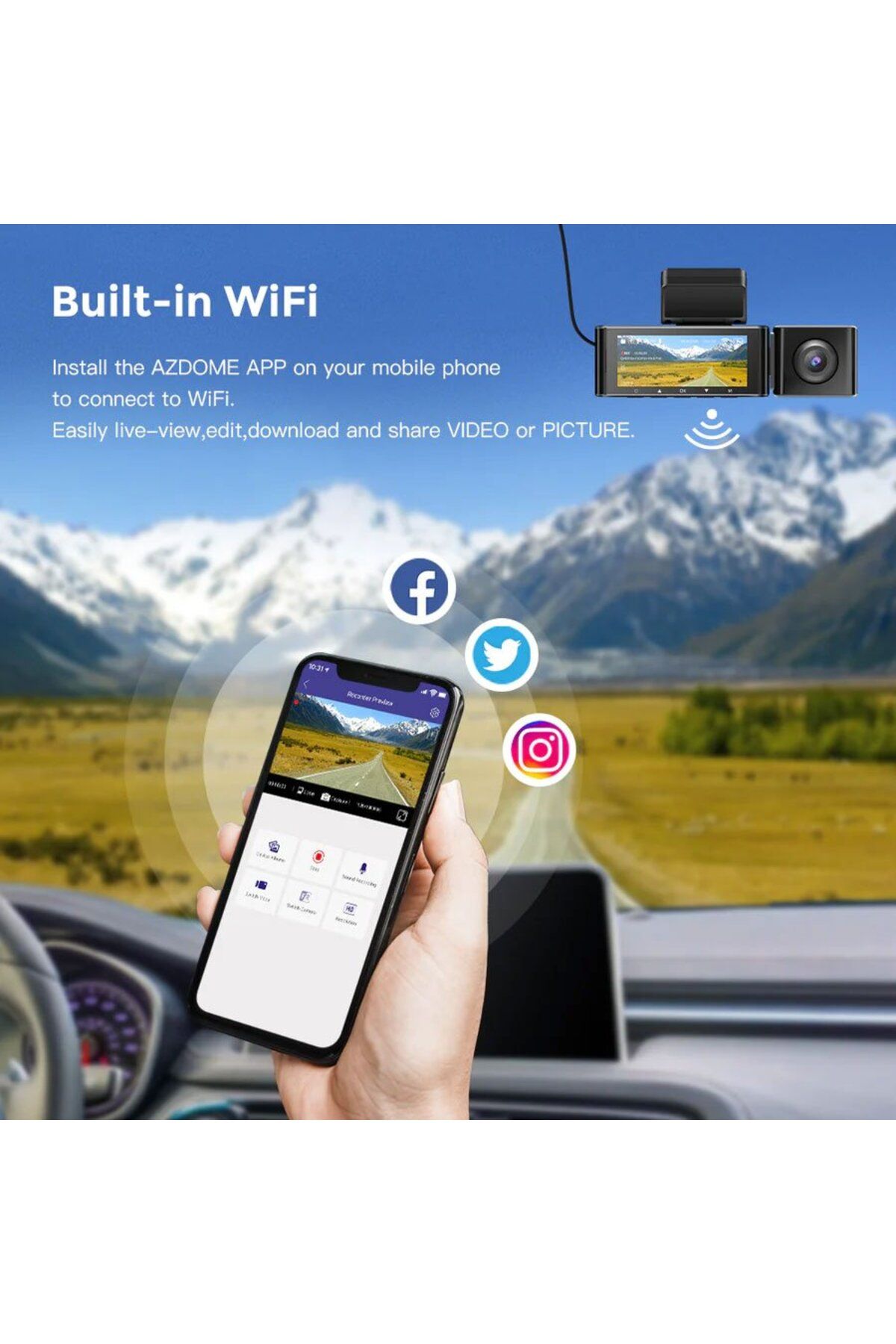AZDOME-Camera auto DVR M550, Tripla, 4K, WiFi, GPS, Unghi 170 , WDR, G-Sensor, Mod parcare, Ca 3
