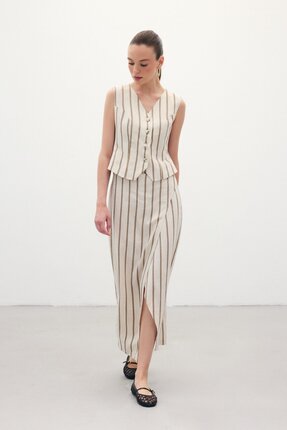 Sateen Çizgili Keten Etek - Camel