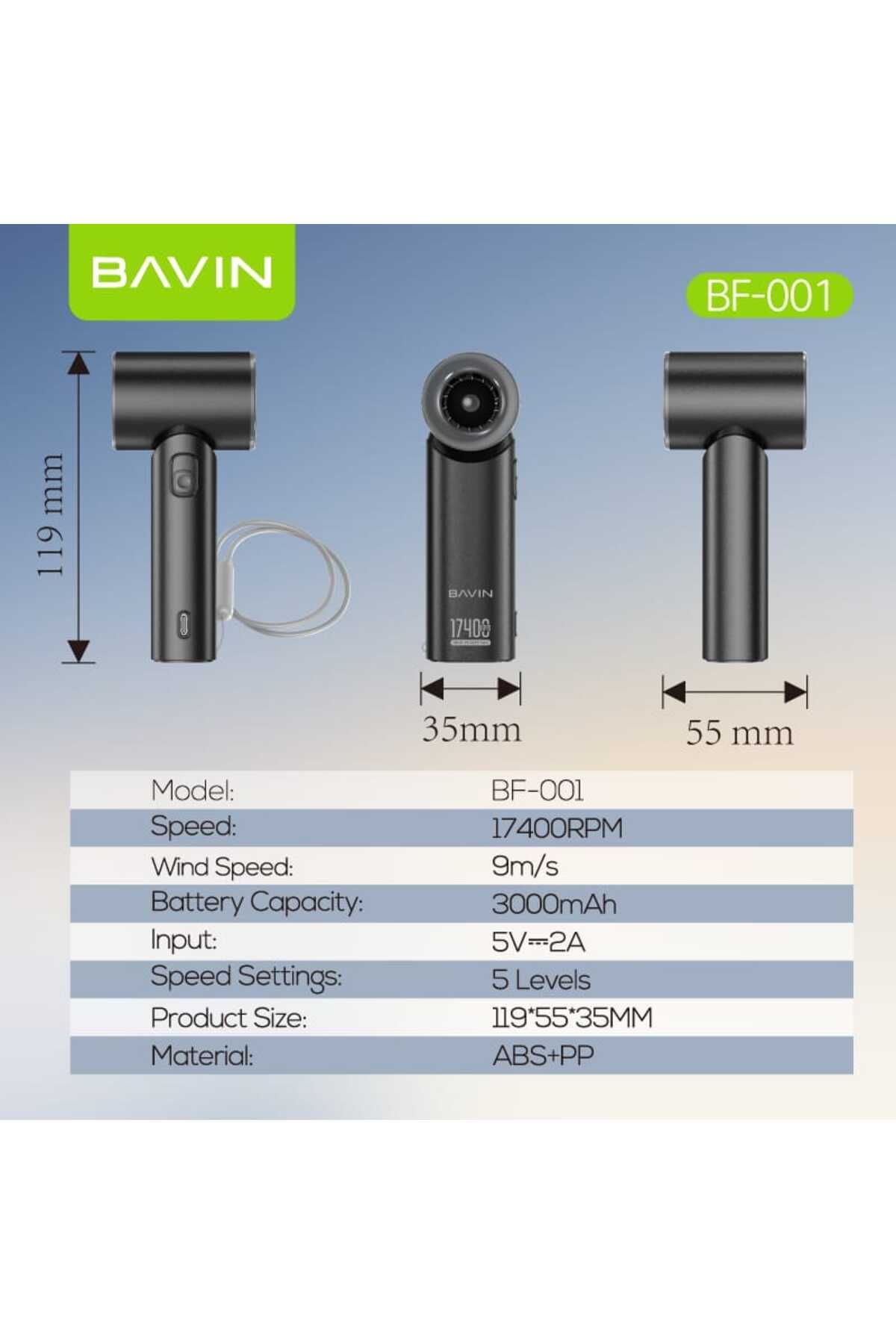 Bavin-BF-001 Portable Mini Rechargeable Turbo Jet Fan with Up to 5 Strong Wind Speeds and LED Display 5