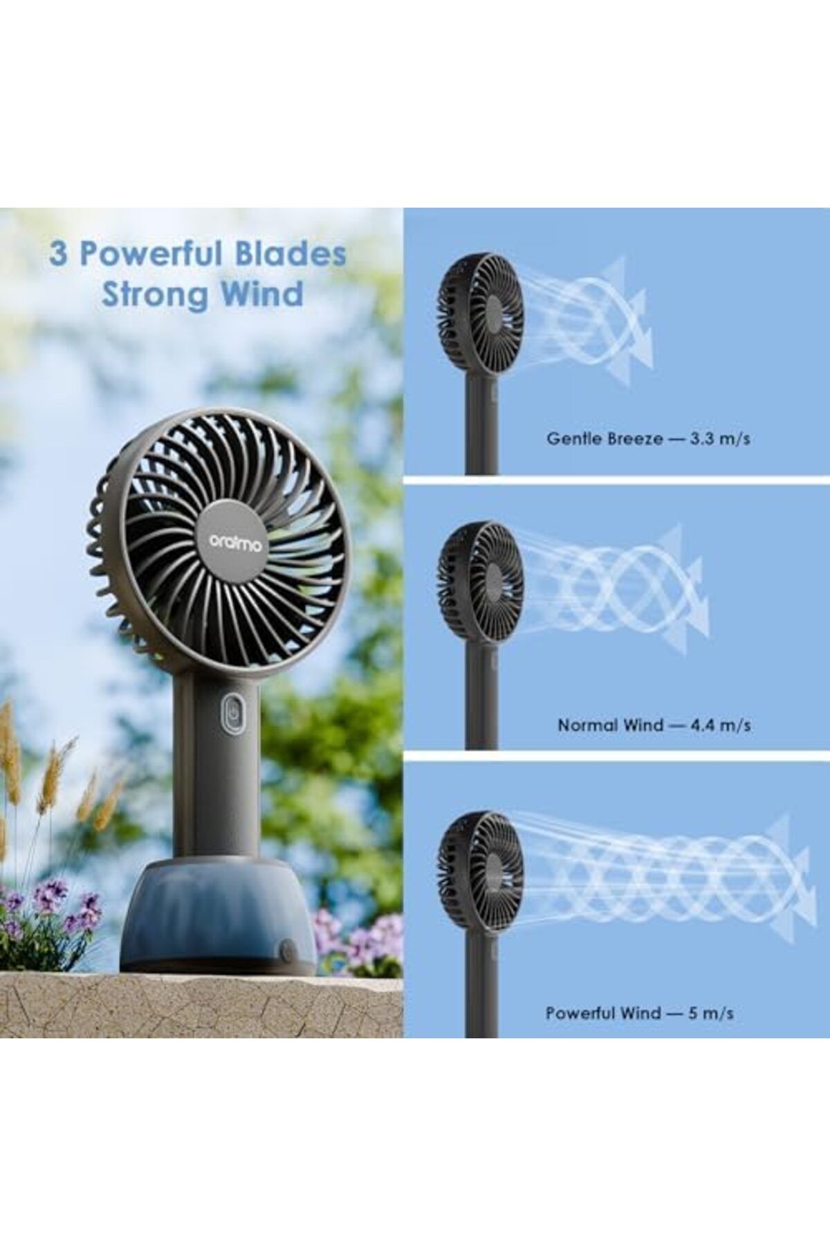 oraimo-Portable Fan 2-in-1 with Mood Light, 17H Max Battery Life, Handheld Fan & Desk Fan 3-Speed Co 4