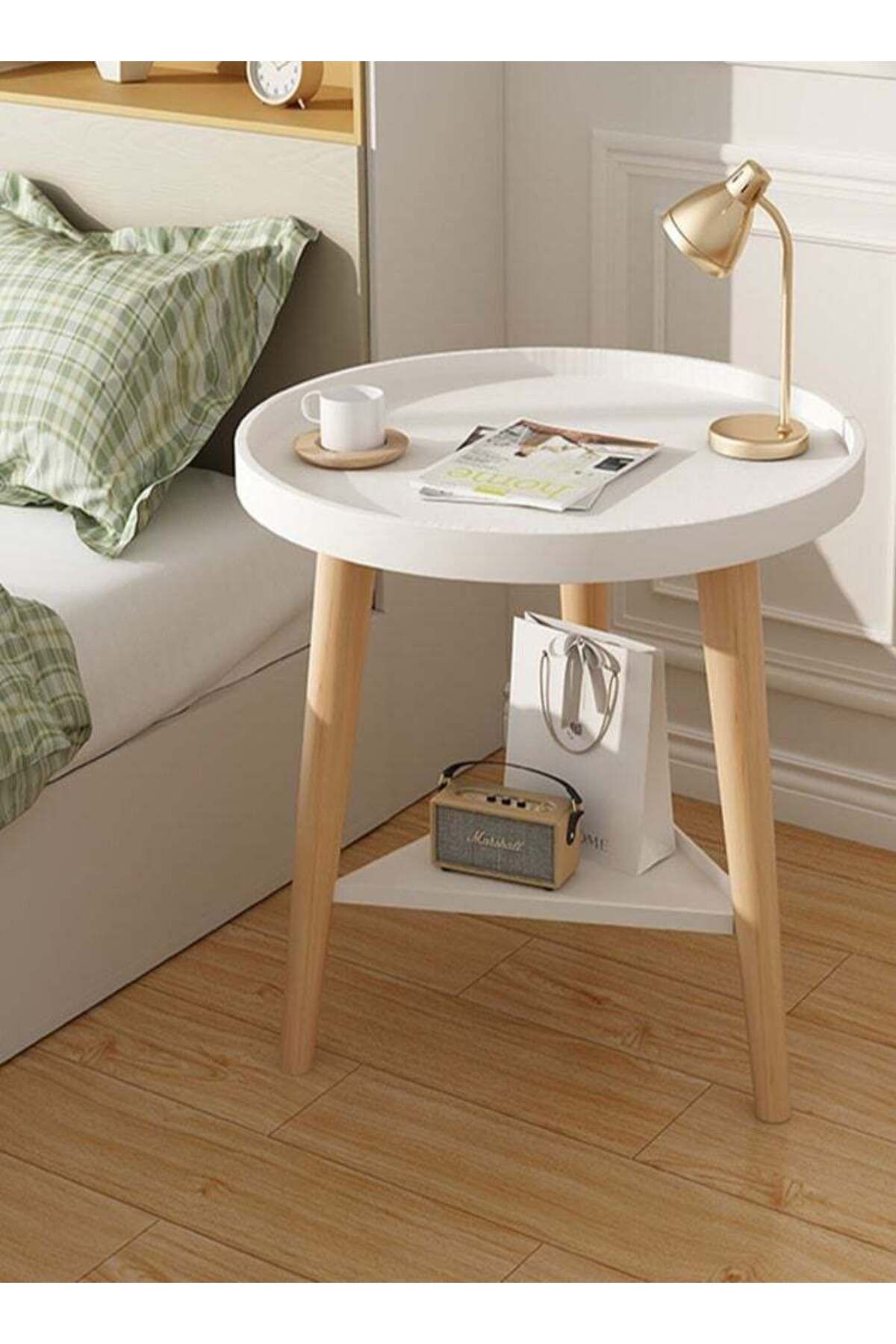 Generic-Simple small round table double layer storage bedside coffee table home side table 2