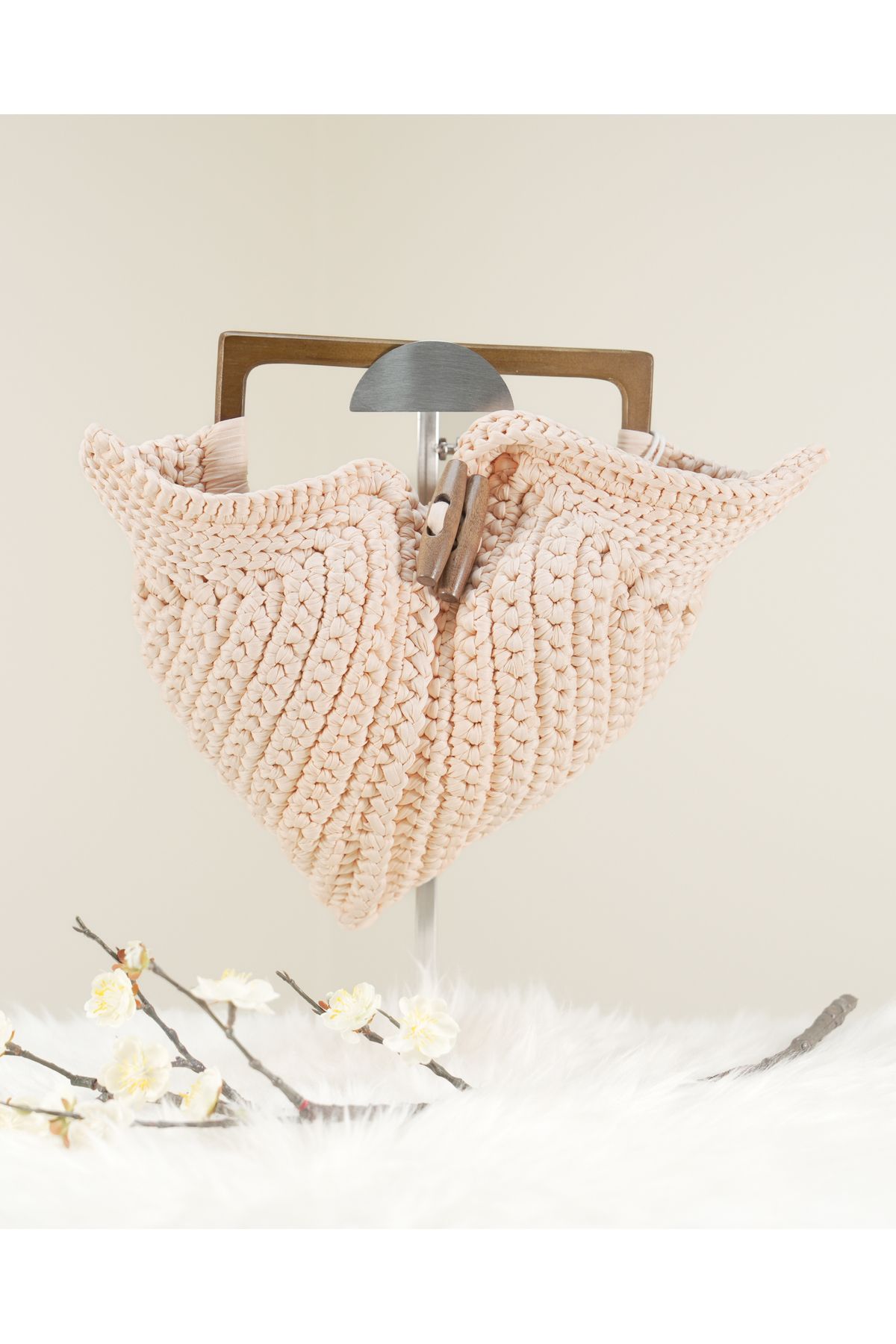 Randsac-Peach Crochet Handbag with V-shaped Design, Wooden Clasp, and Geometric Handle 1