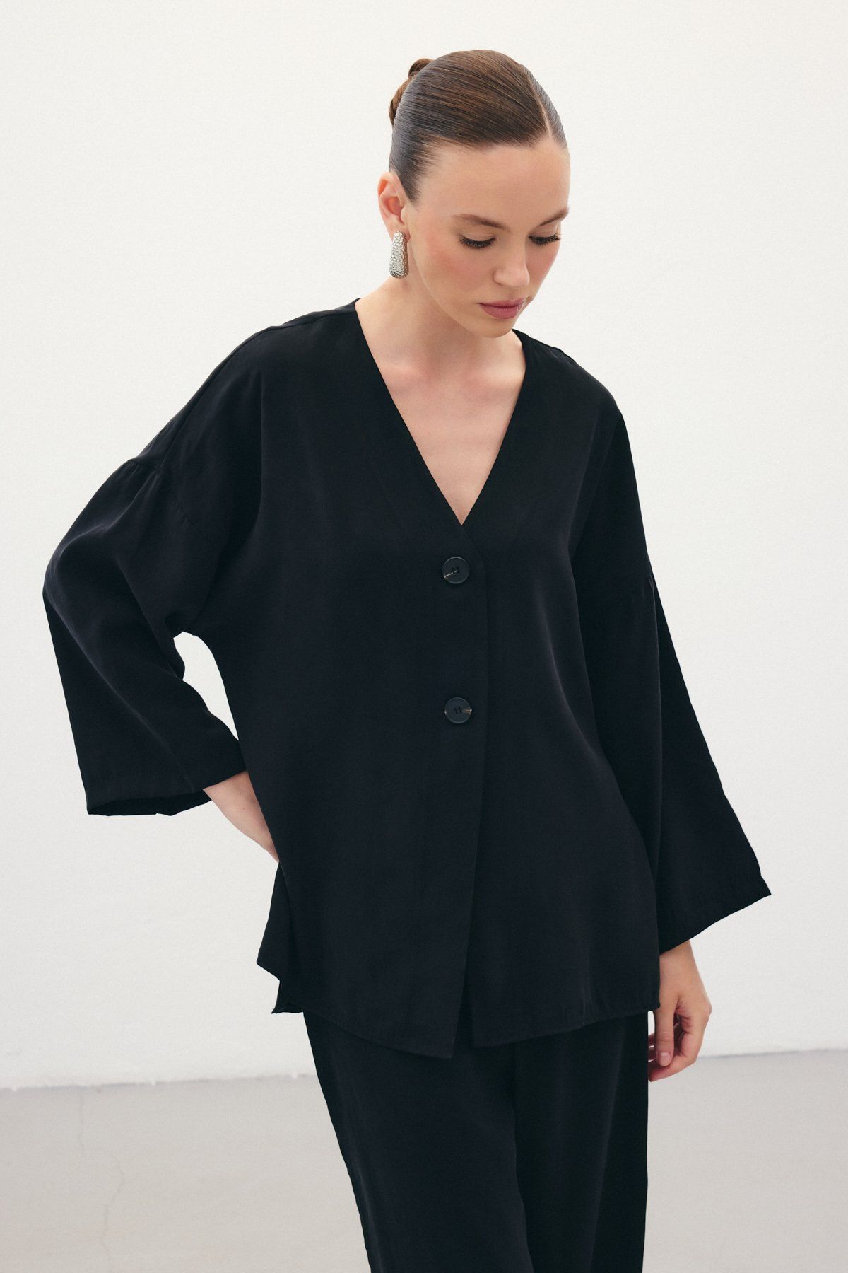 Düğmeli Kimono - Siyah