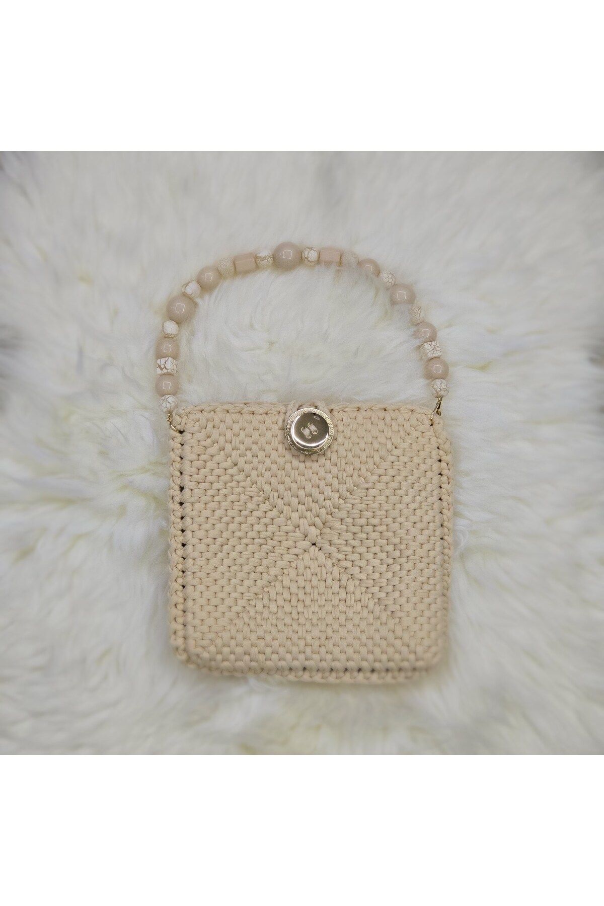 Randsac-Beige Crochet Handbag with Beaded Handle and Button Closure 1