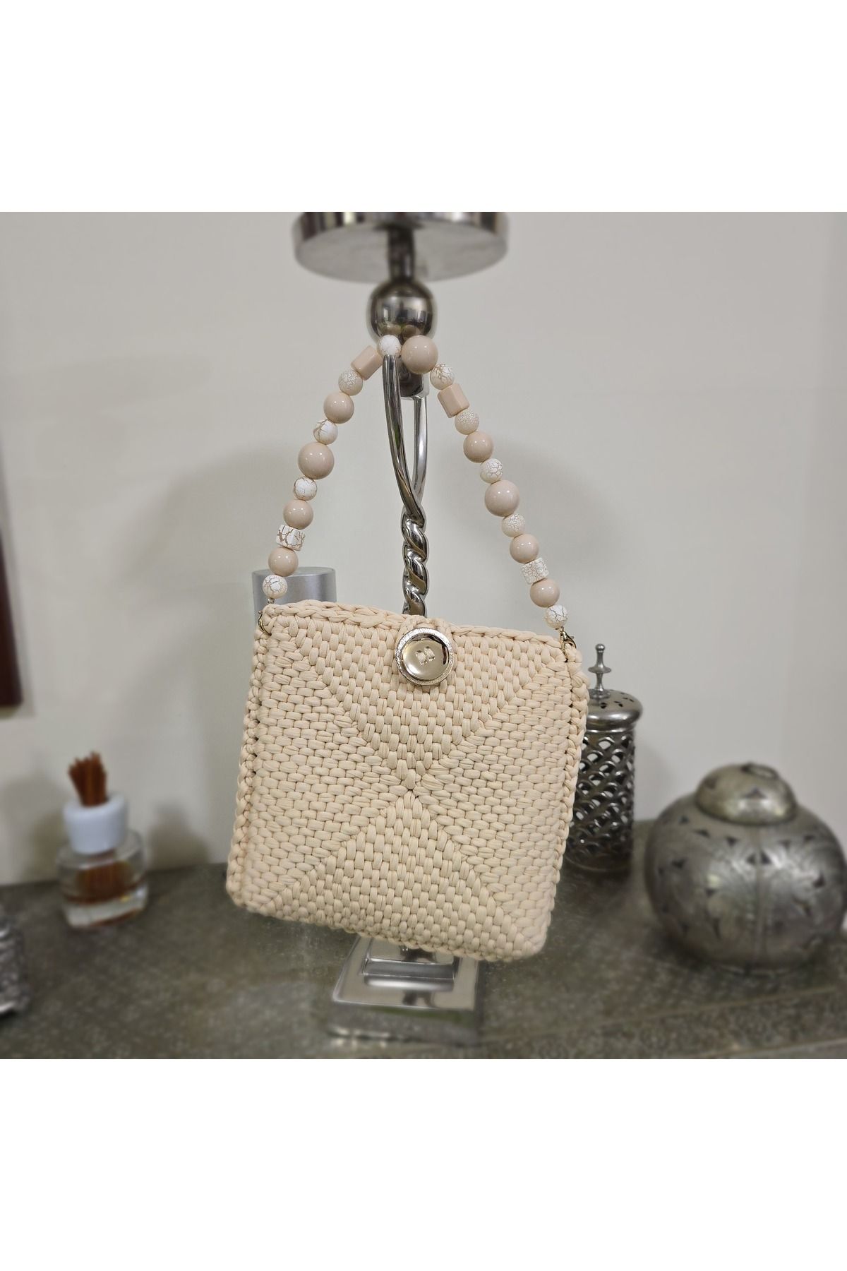 Randsac-Beige Crochet Handbag with Beaded Handle and Button Closure 2