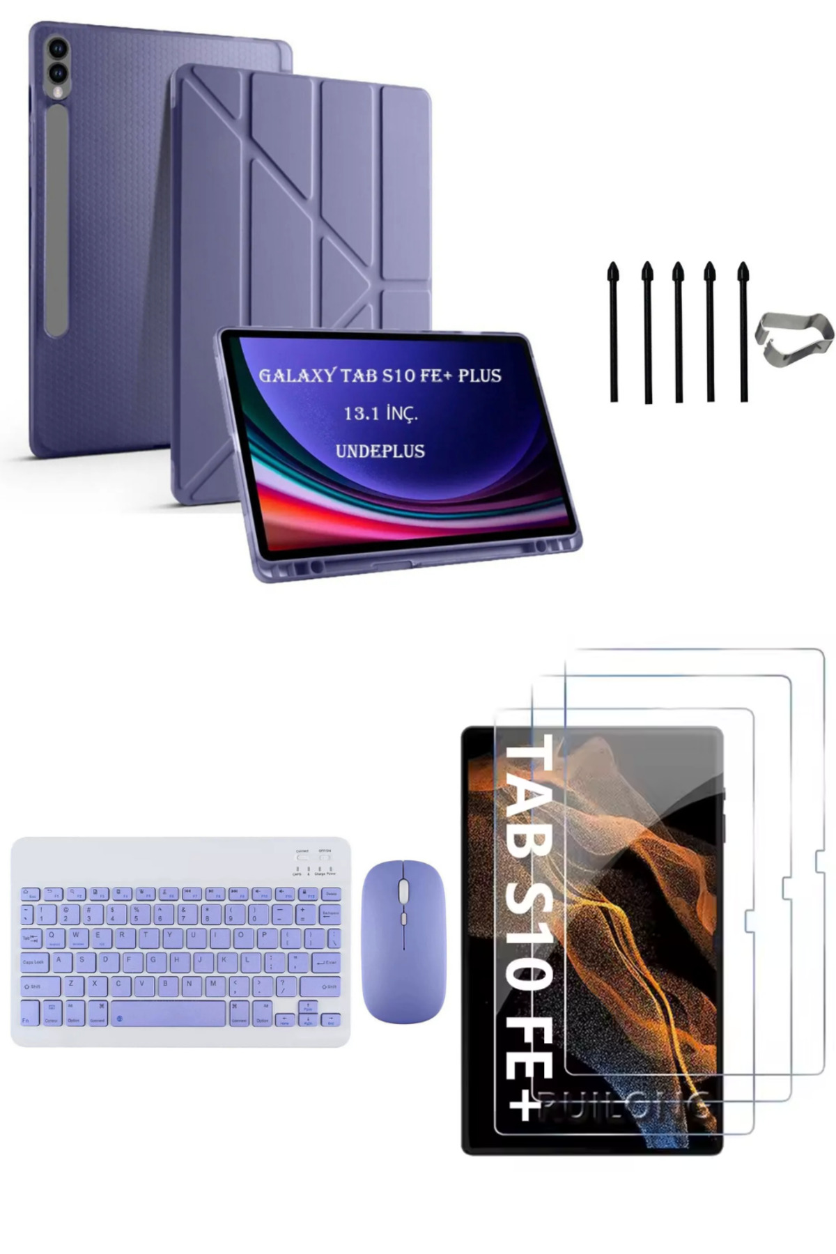 Samsung Galaxy Tab S10 FE+ Plus Origami Case+Keyboard Mouse+S Pen Replacement Tip+Screen Protector Lavender