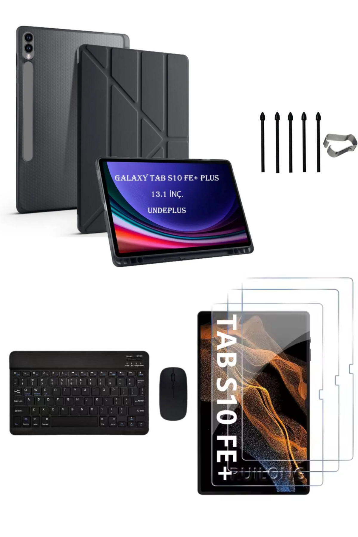 Samsung Galaxy Tab S10 FE+ Plus Origami Case+Keyboard Mouse+S Pen Replacement Tip+Screen Protector Black