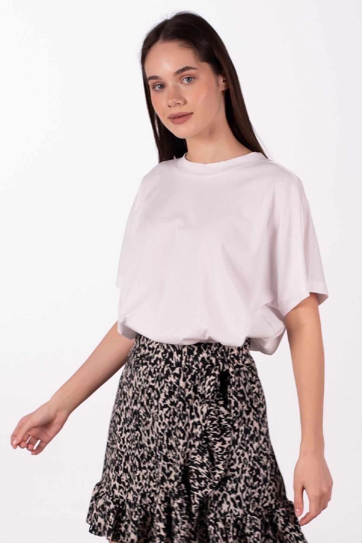 OIL PARK-Leopard Patterned Side Ruffle Lycra Wrap Mini Skirt with Elastic Waist and Tie Detail 7