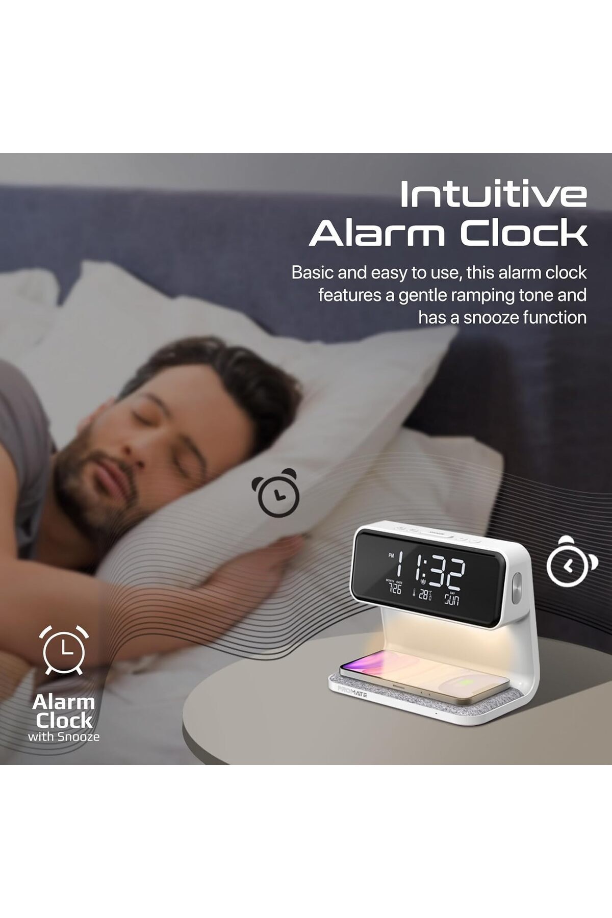 Promate-Wireless Charging Alarm Clock, Premium Digital Display Dual Alarm Clock with Snooze Function 7