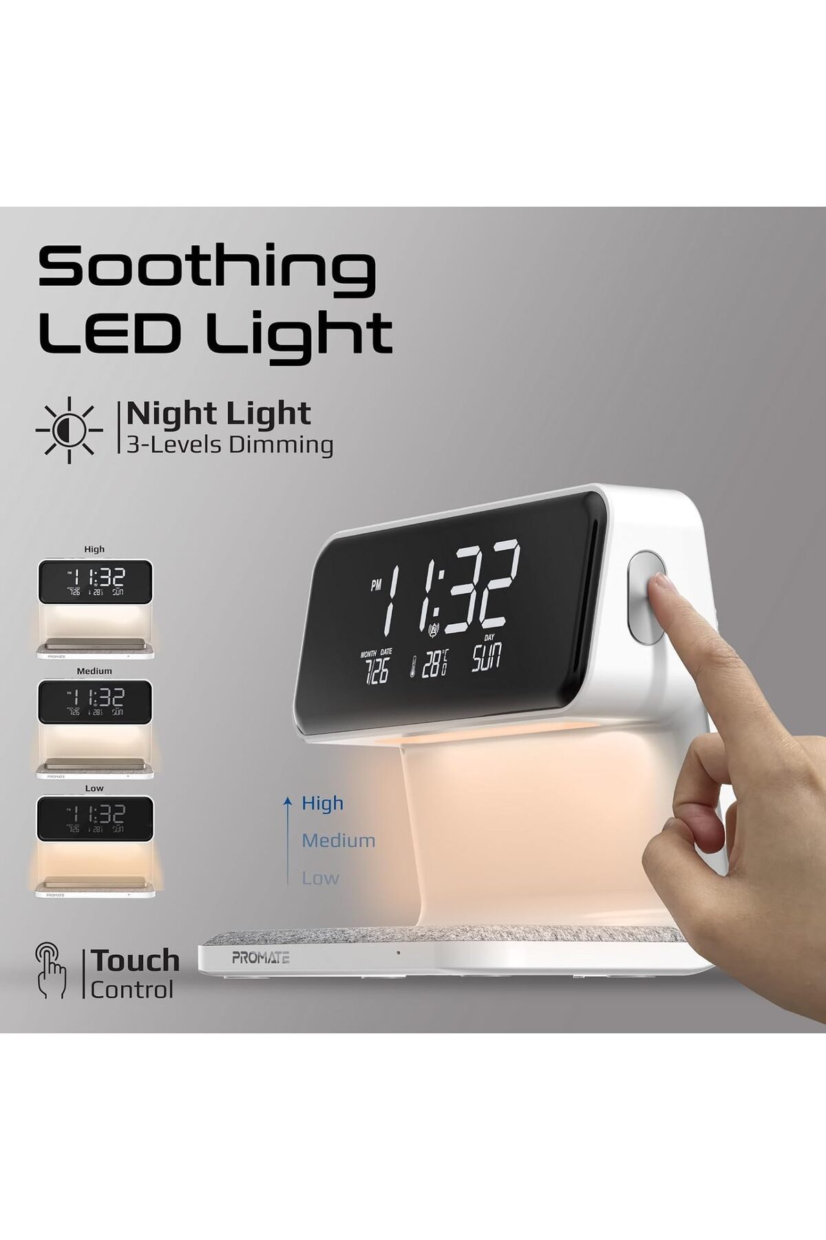 Promate-Wireless Charging Alarm Clock, Premium Digital Display Dual Alarm Clock with Snooze Function 3