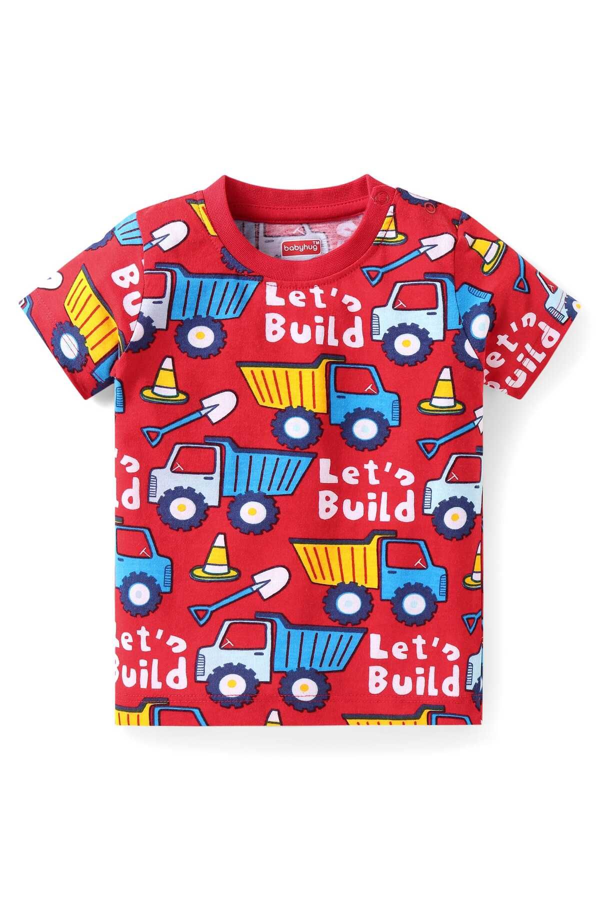 Babyhug-Pyjama Set with Construction Vehicle Print - Red 2