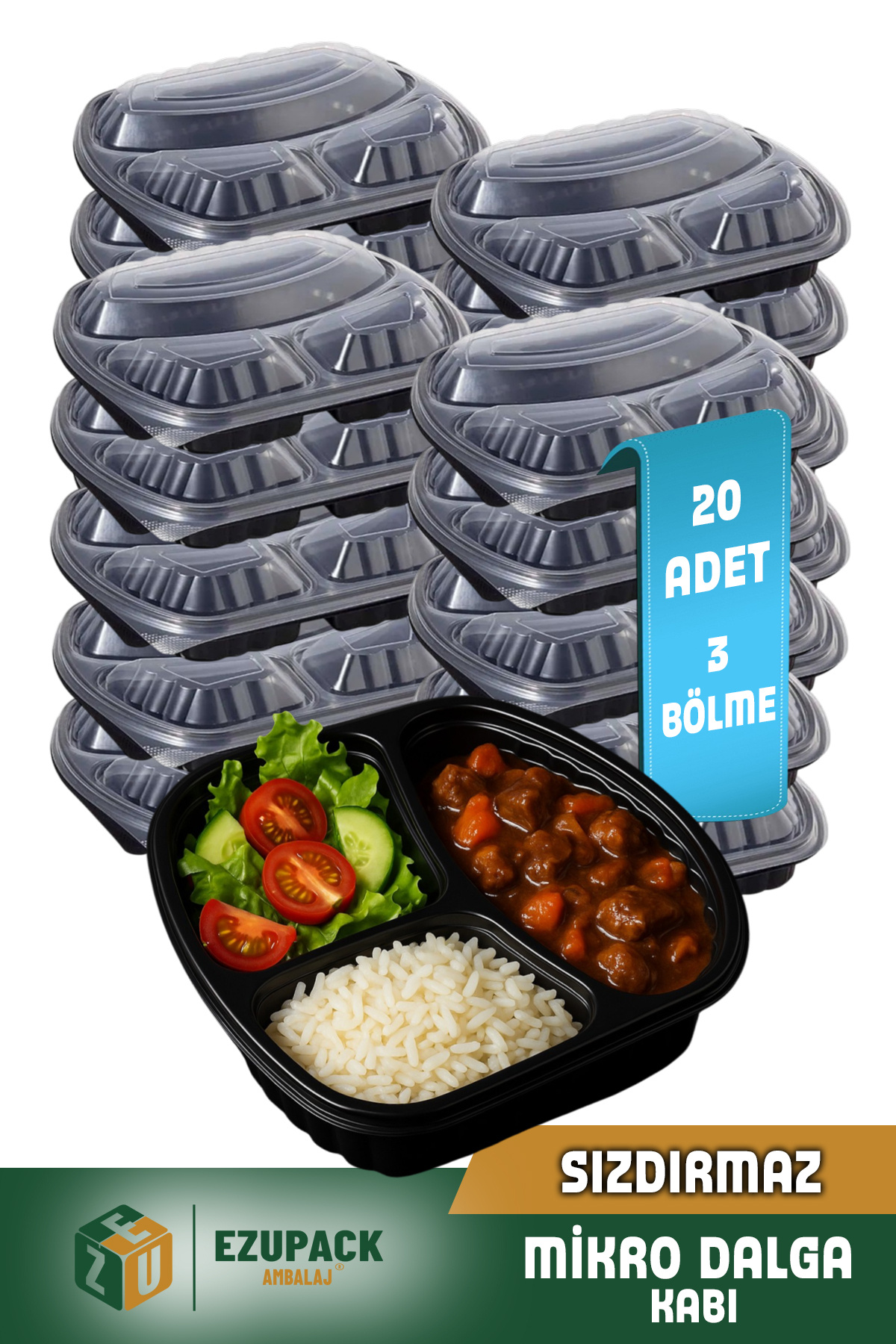 Ezupack 20 Adet SIZDIRMAZ 3 Üç Göz Paket Servis Yemek Kabı