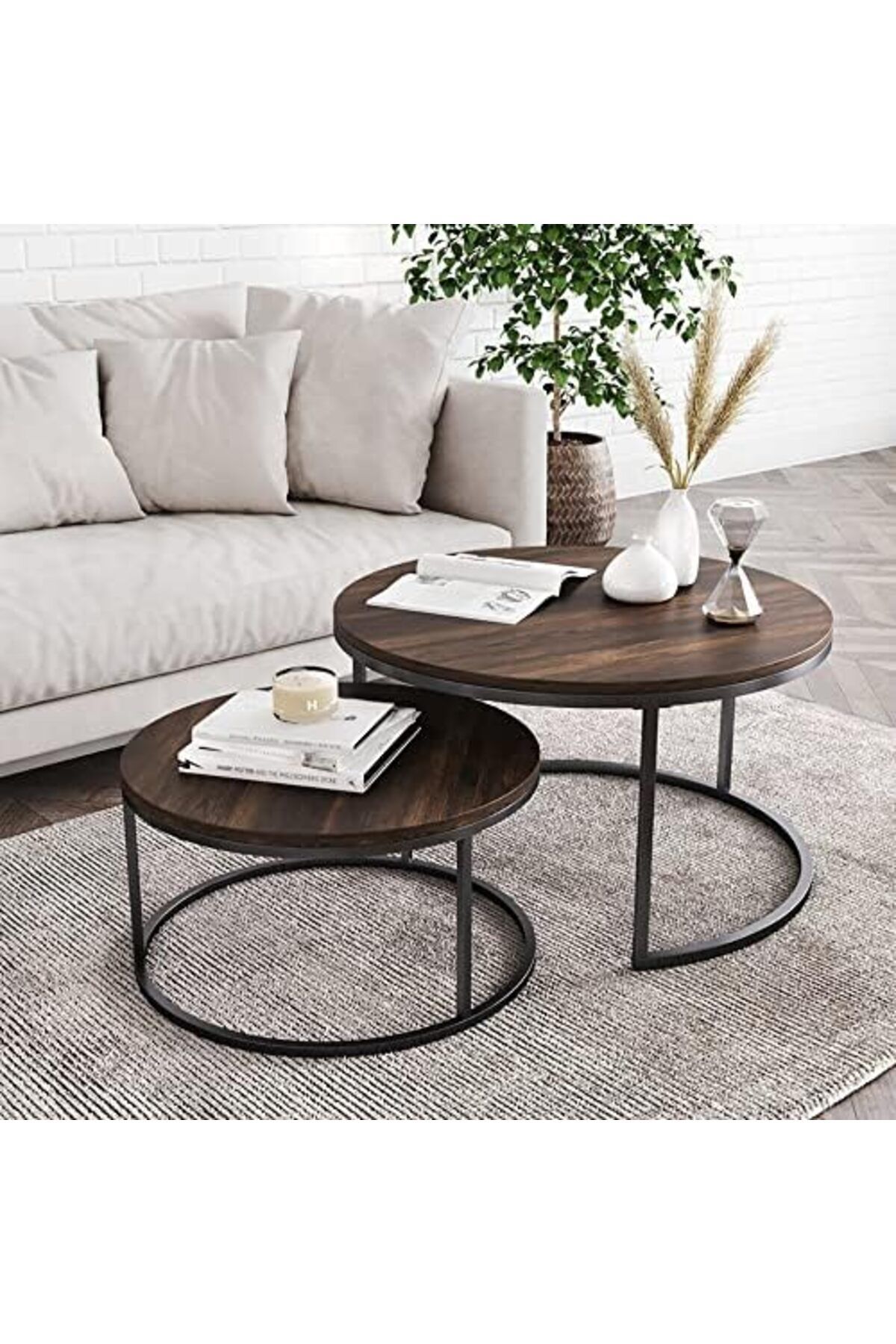 SKY TOUCH-SKY-TOUCH Set of 2 Round Coffee Tables Living Room｜End Table｜Stacking Side Tables with Solid Woo 4