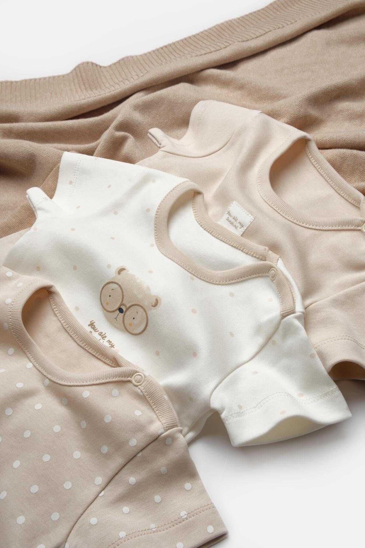 Magu Unisex Bebek Pamuklu Bej Ekru 3'lü Baskılı Çıtçıtlı Body Seti - Kısa Kollu fotoğrafı 2 (önizleme)