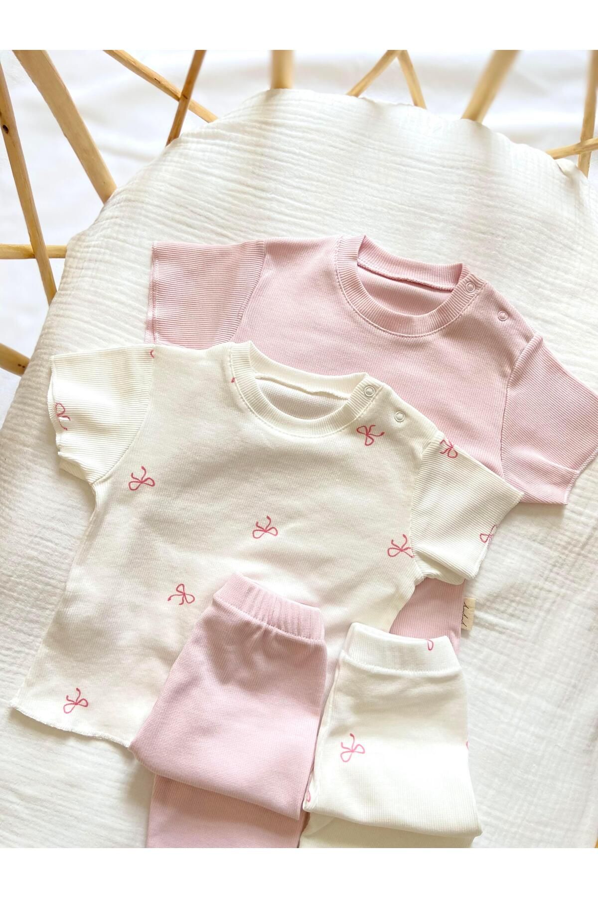 Zezig-Bow Pattern and Pink Color 2 Pieces Camisole Bottom-Top Set 100% Cotton 5