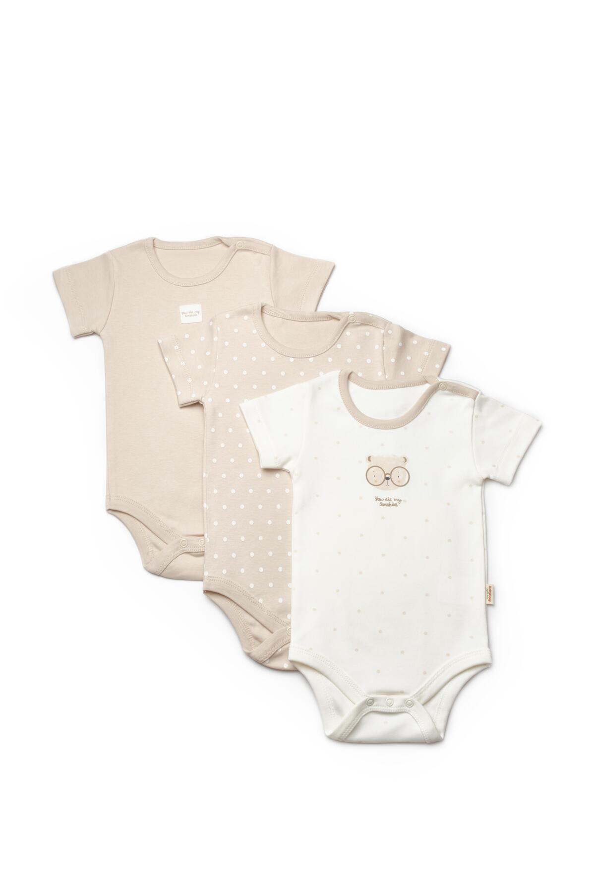 Magu Unisex Bebek Pamuklu Bej Ekru 3'lü Baskılı Çıtçıtlı Body Seti - Kısa Kollu fotoğrafı 4 (önizleme)