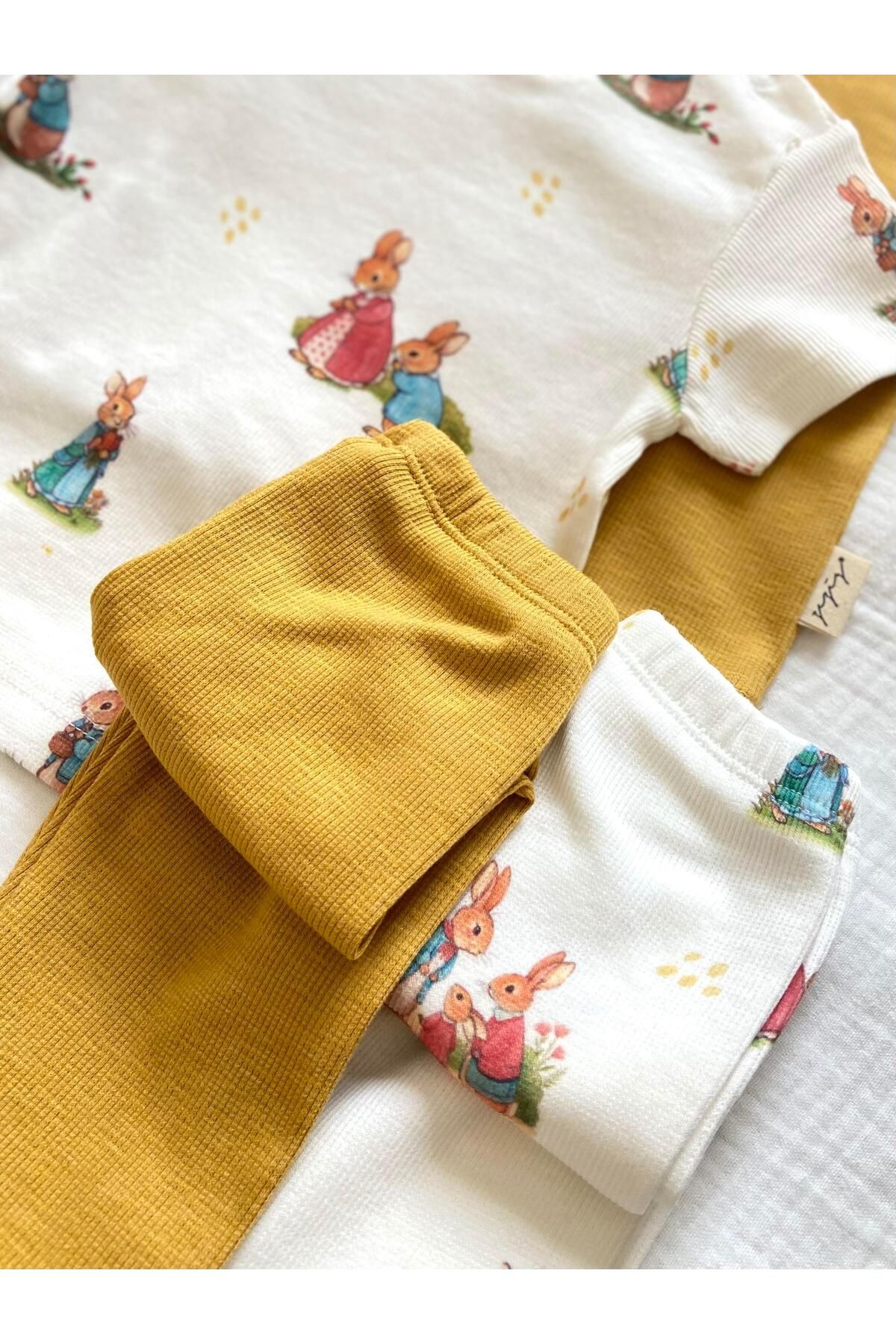 Zezig-Rabbit Family Pattern and Mustard Color 2 Pieces Camisole Bottom-Top Set 100% Cotton 4