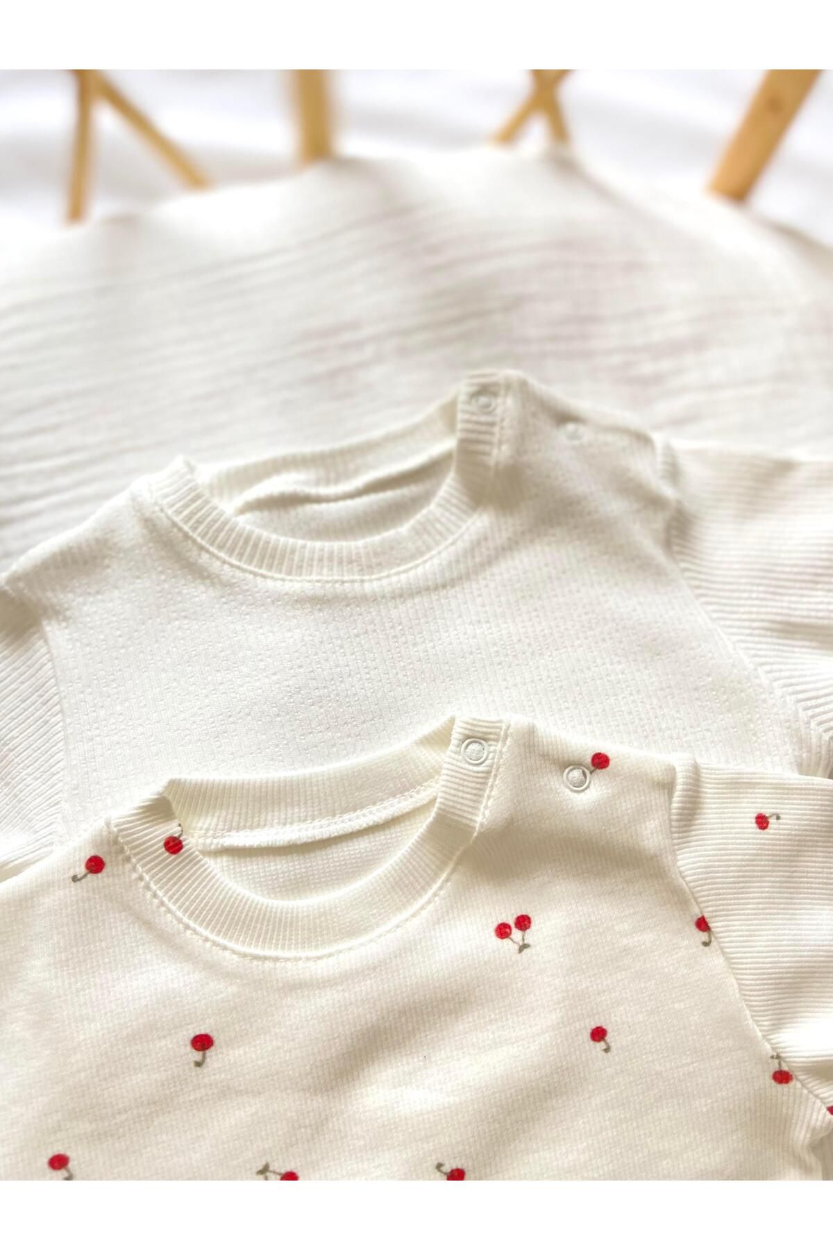 Zezig-Cherry Pattern and Glitter White Color 2 Pieces Camisole Bottom-Top Set 100% Cotton 4