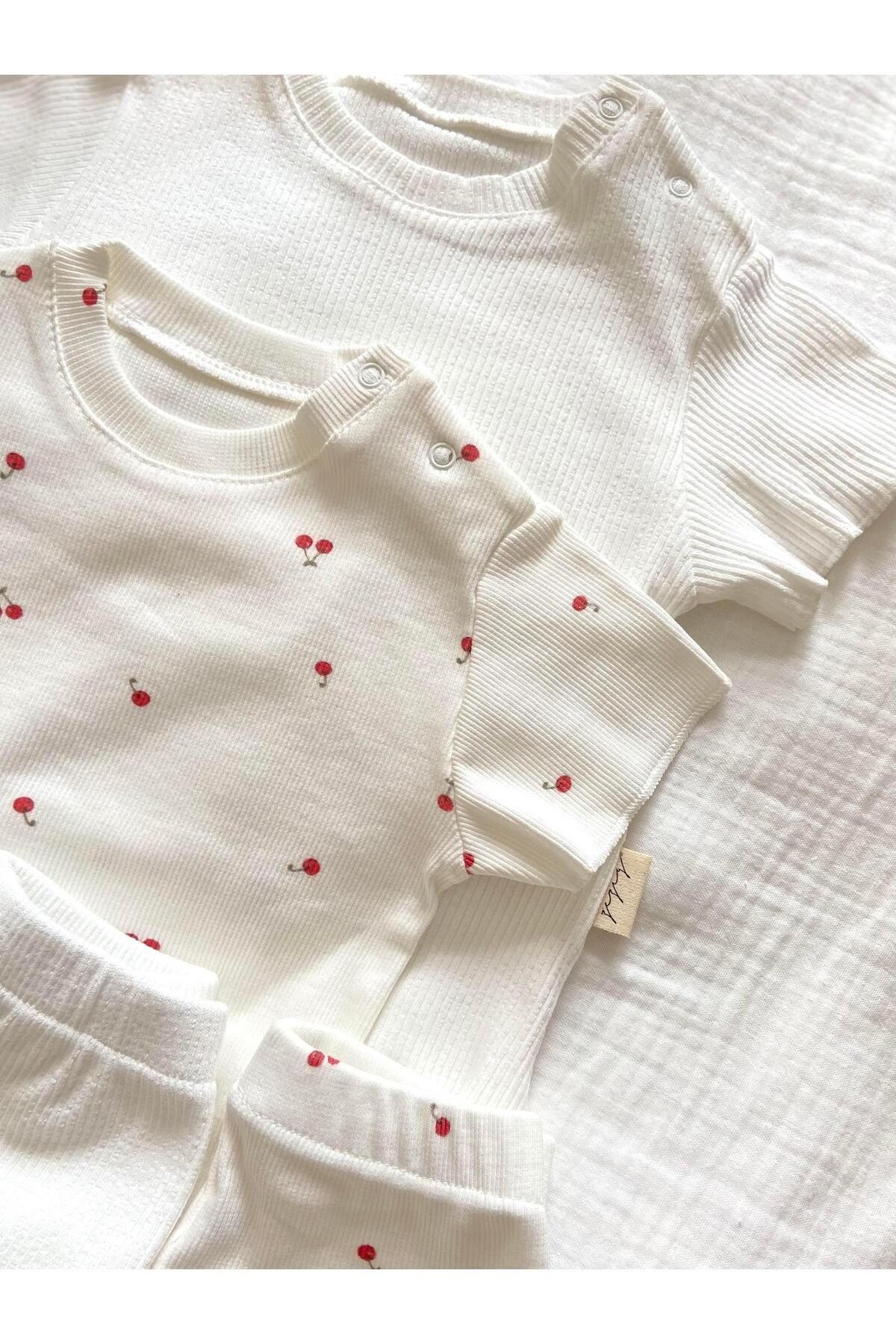 Zezig-Cherry Pattern and Glitter White Color 2 Pieces Camisole Bottom-Top Set 100% Cotton 1