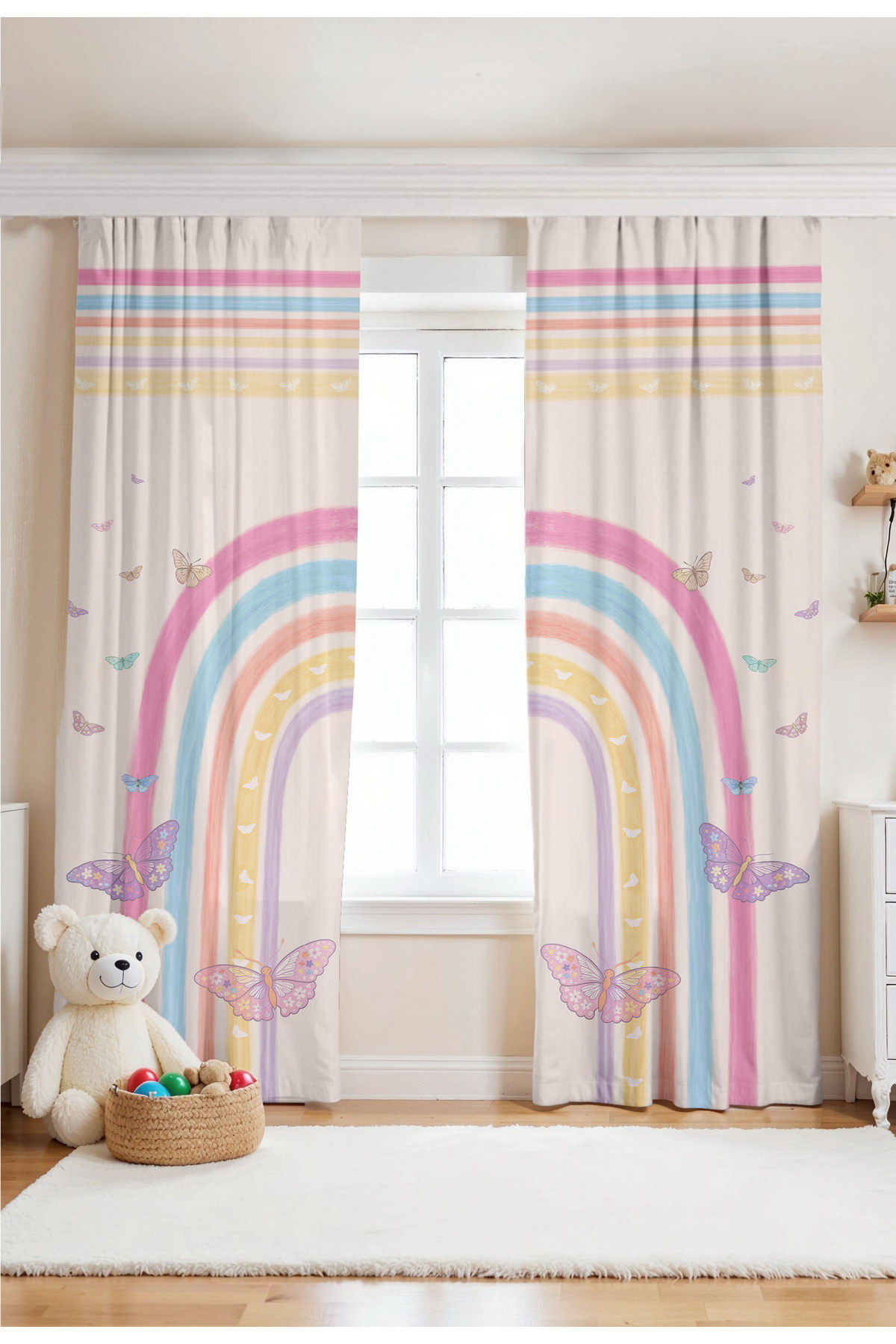 Evpanya Kelebekli Gökkuşağı Desenli Çocuk Bebek Odası Fon Perde (Tek Kanat Fiyatlandırma) fotoğrafı 2 (önizleme)