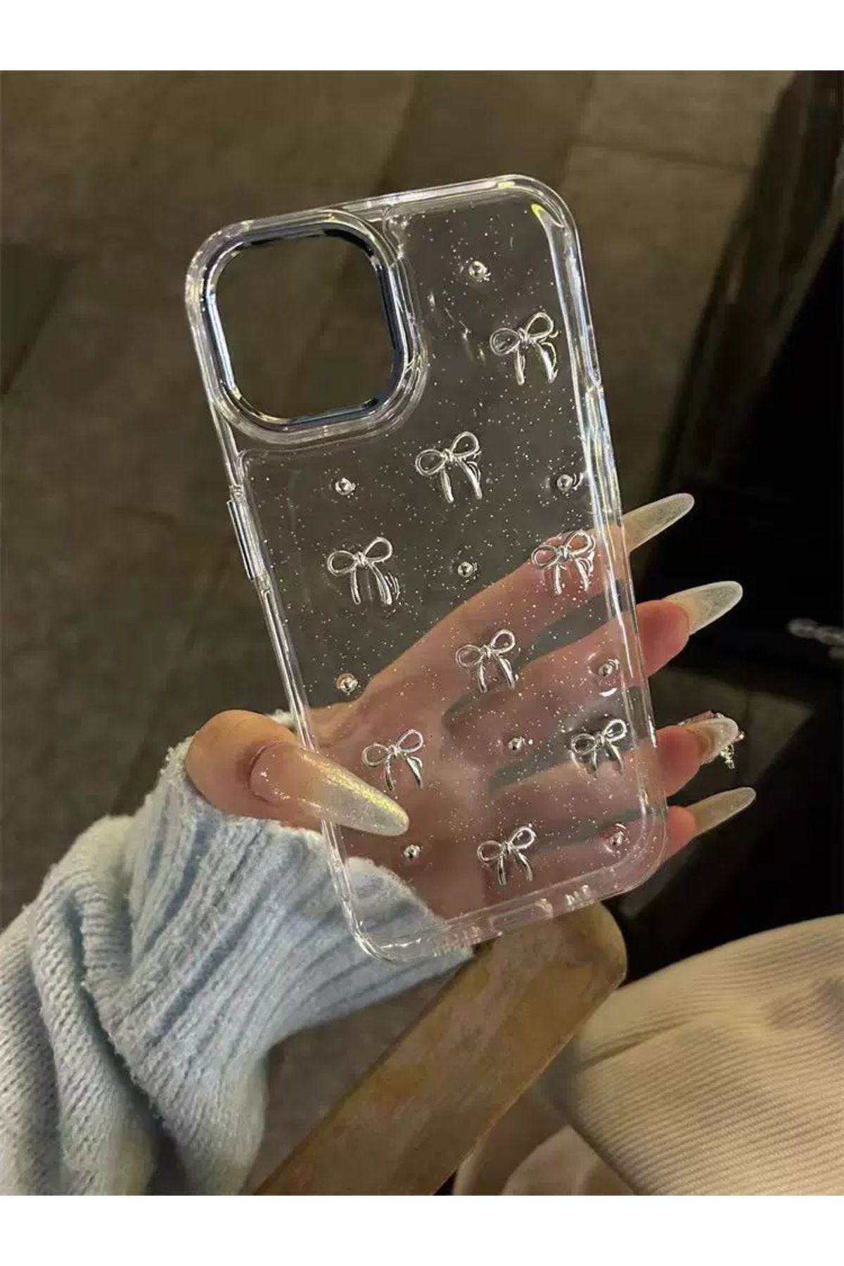 EDELFU-iPhone 15 Plus & 14 Plus Glitter Bow Pattern Clear Case for iPhone - 3D Embossed, Elegant Design 2