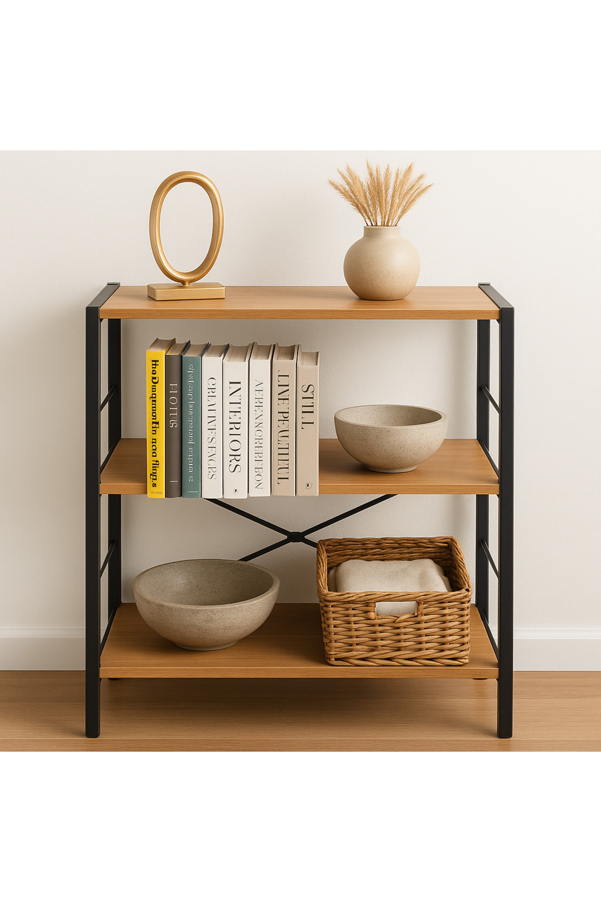 WANDOO Metal Kitaplık 3 Raflı Ofis Kitaplığı Kitap Dosya Rafı Ceviz