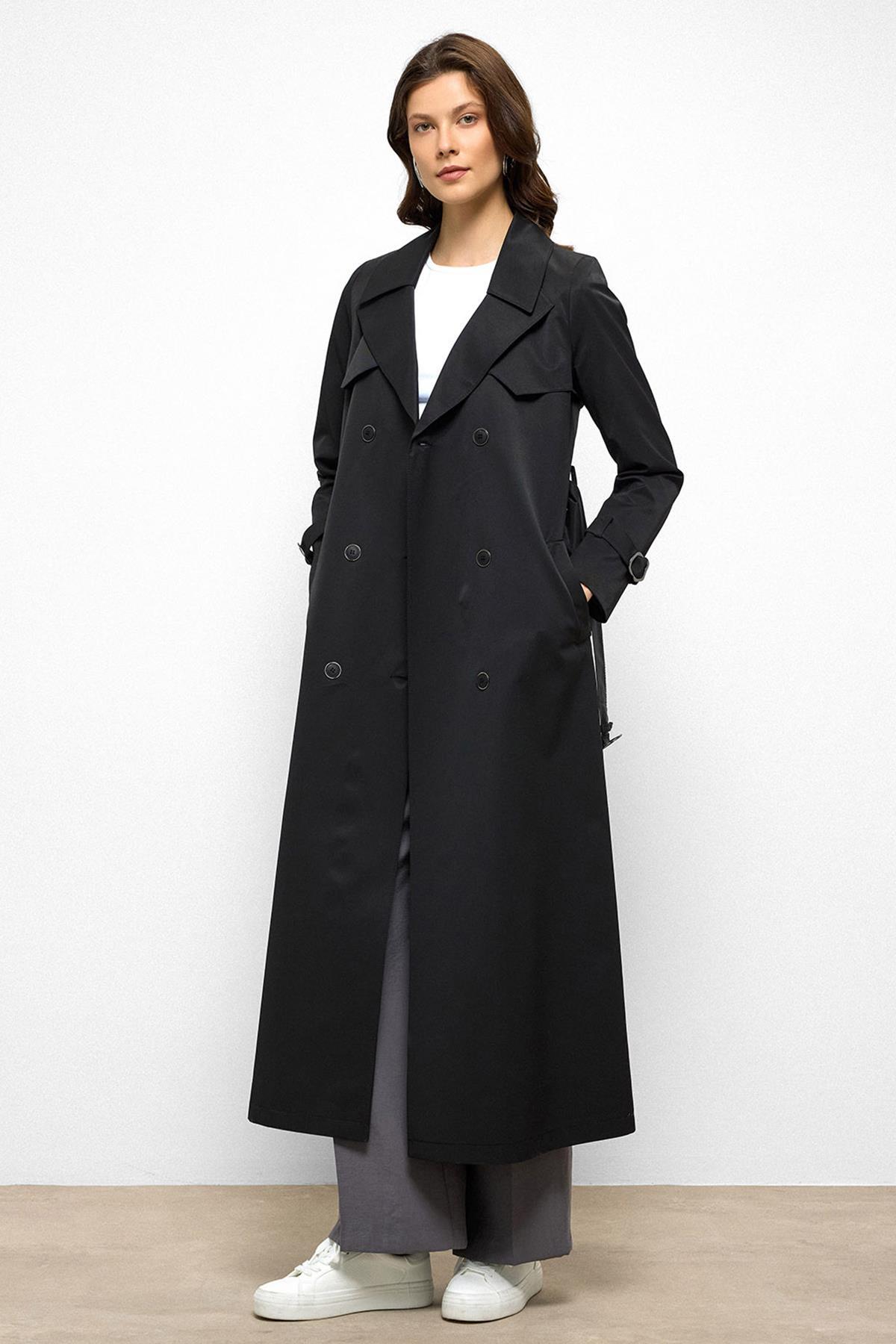 Olcay Water Repellent Double Breasted Long Trench Coat with Cape