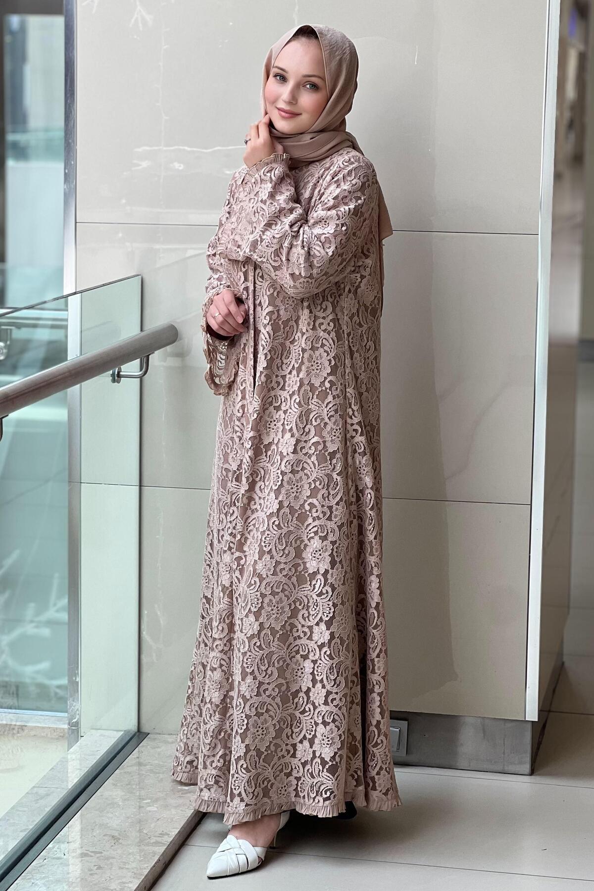 GİZAY-Guipure Ferace with Ruffled Sleeves and Hem 3