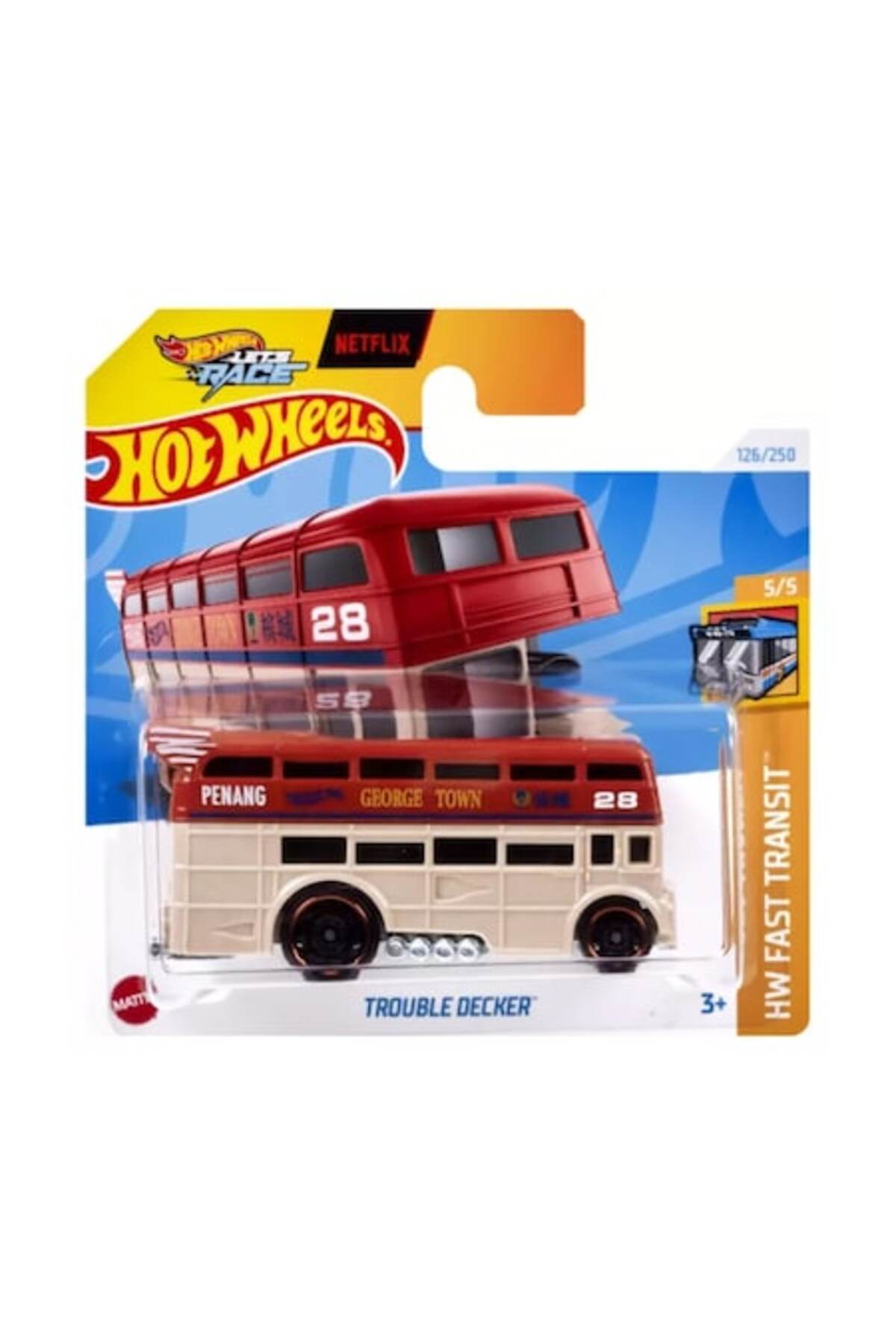 Masinuta Metalica Hot Wheels, Trouble Decker, Rosu cu Crem, 1:64