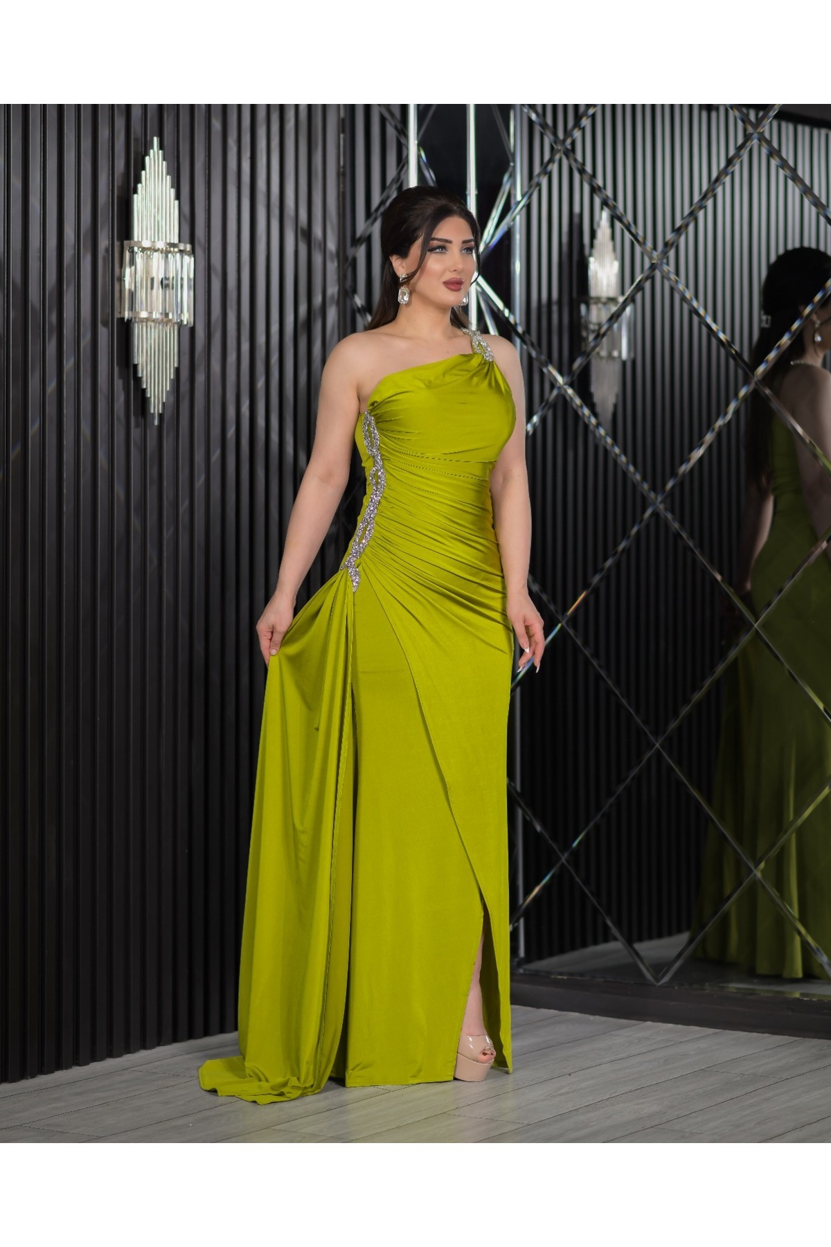 CAREZZA-Dralithe - Draped Fit Evening Dress with Stone Stripe 2