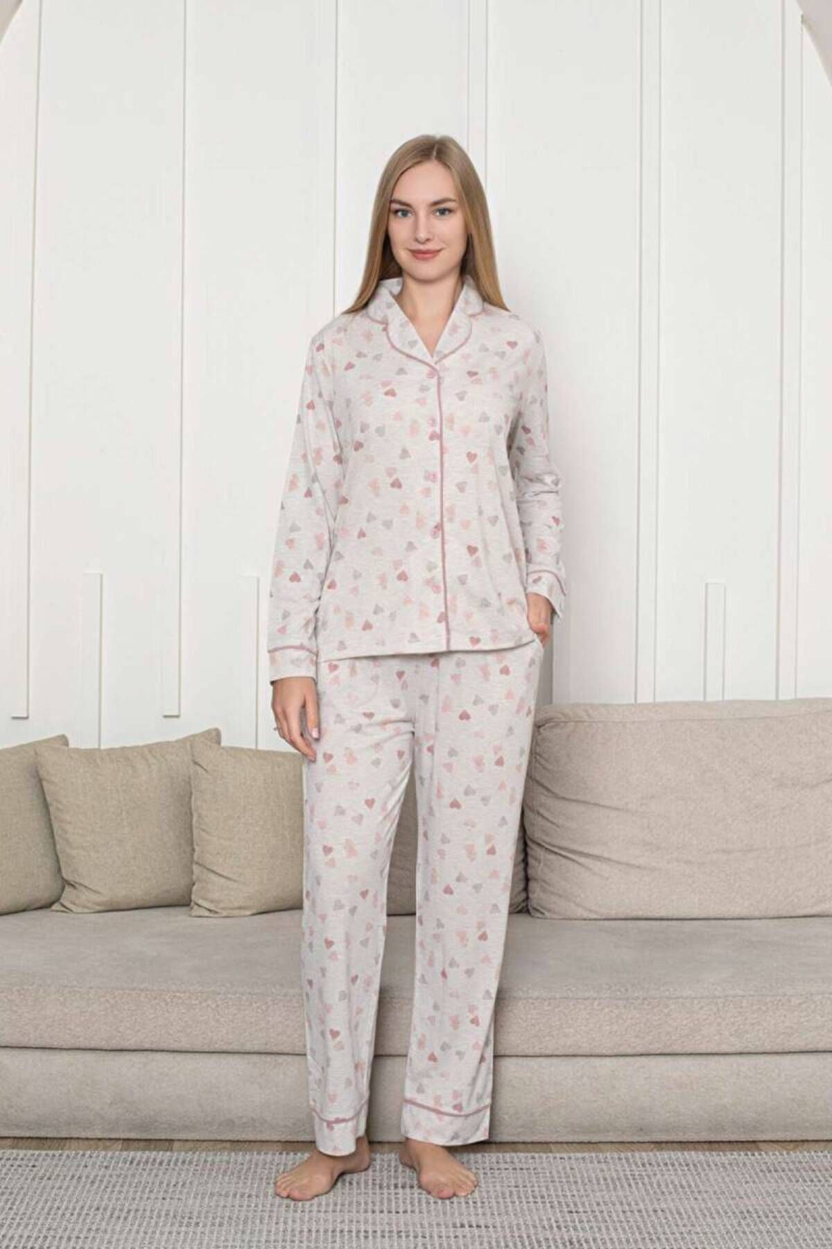 ALİMER-Set pijamale pentru femei cu nasturi în față - model de inimă bej cu mâneci lungi Lycra Rink Viscose 2868UY 1
