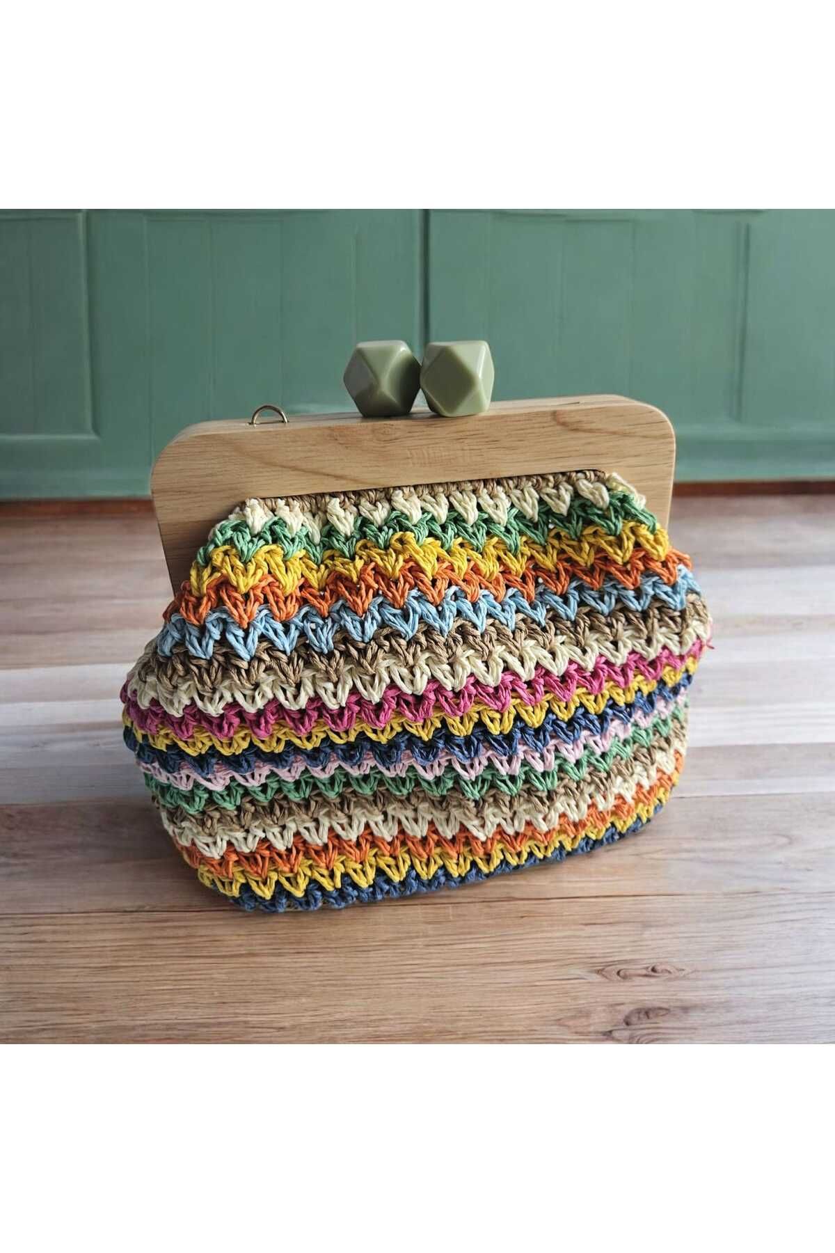 SONİKON LİNE-Handmade Straw Look Clutch Bag Colorful Weave Design, Handmade Shoulder Bag with Lining and Chain 8