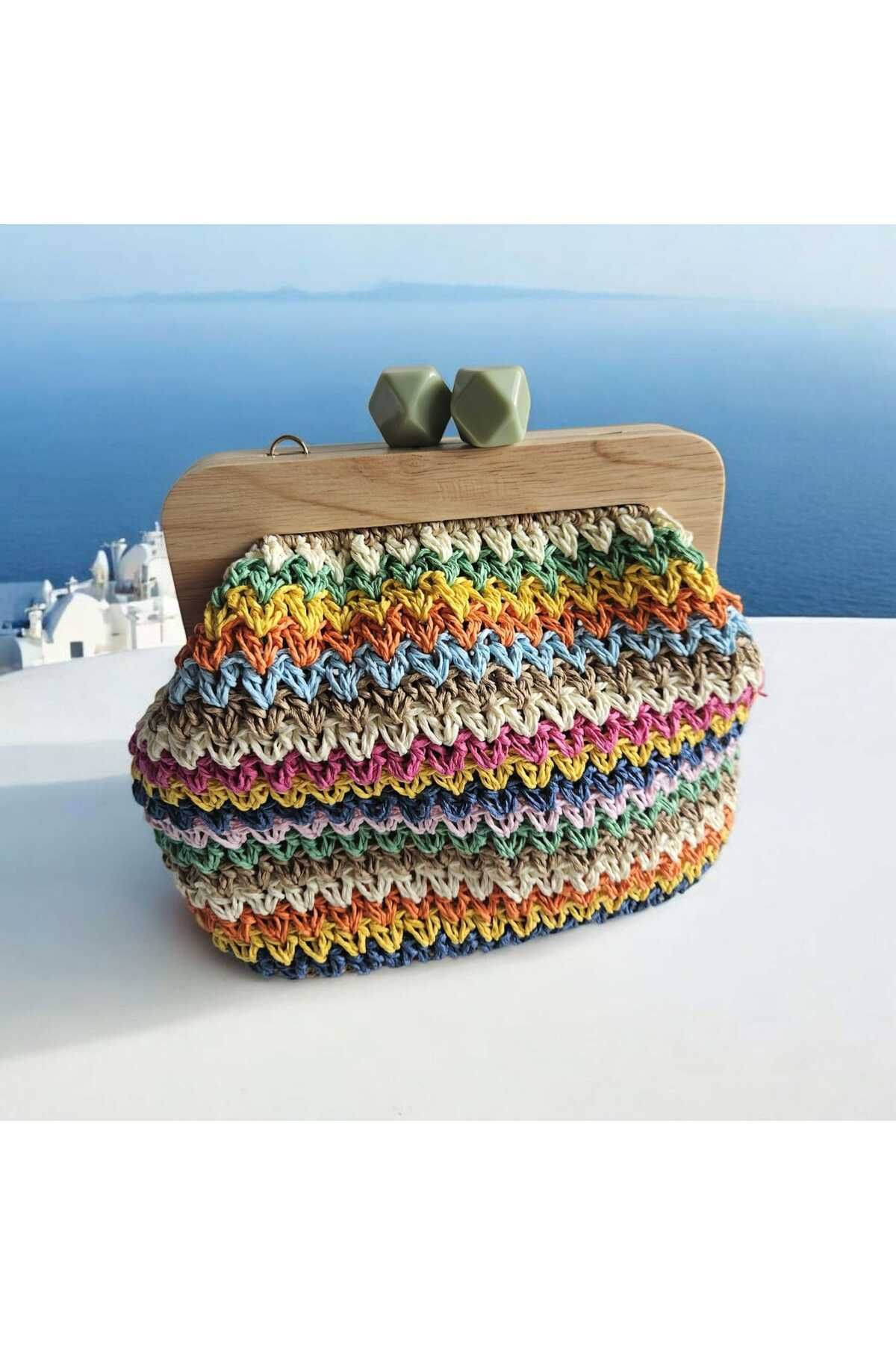 SONİKON LİNE-Handmade Straw Look Clutch Bag Colorful Weave Design, Handmade Shoulder Bag with Lining and Chain 4