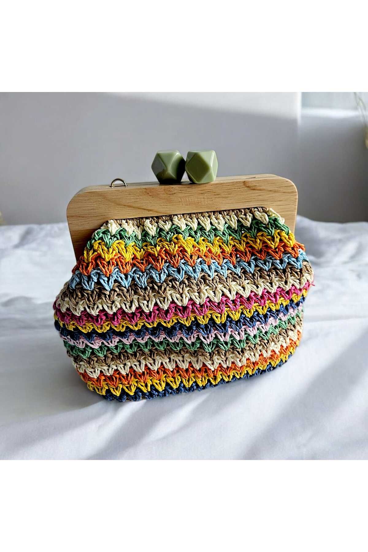 SONİKON LİNE-Handmade Straw Look Clutch Bag Colorful Weave Design, Handmade Shoulder Bag with Lining and Chain 6