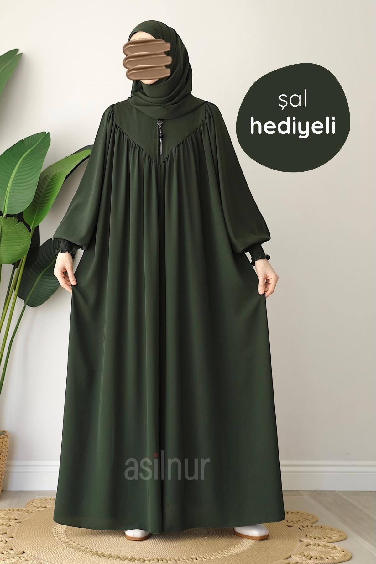 ASİLNUR Elif Ferace Şal Hediyeli Takım Haki