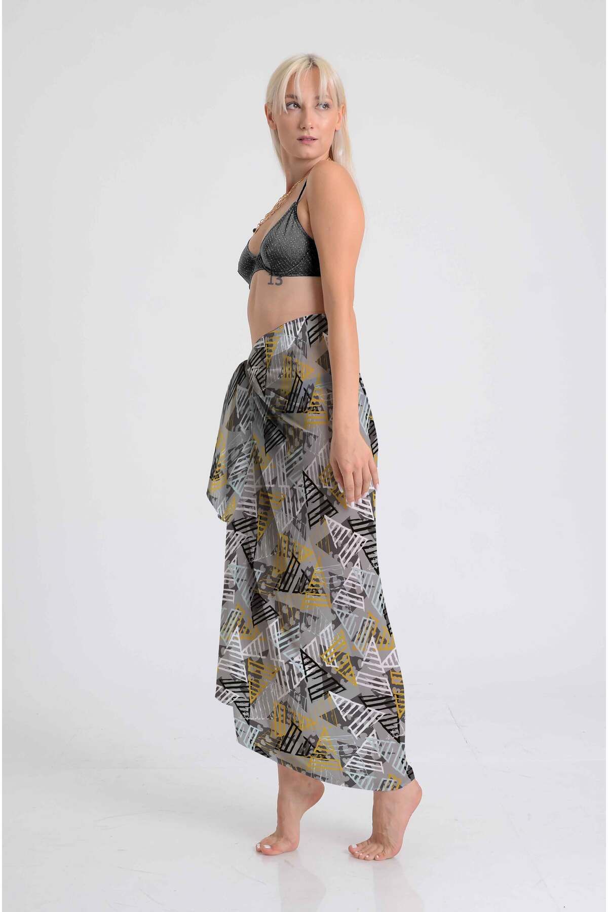 DESENİX-Modern Geometric Triangle Pattern Pareo Grey and Mustard Shades |   100X145Cm |   Digital Printing Silky Chiffon 2