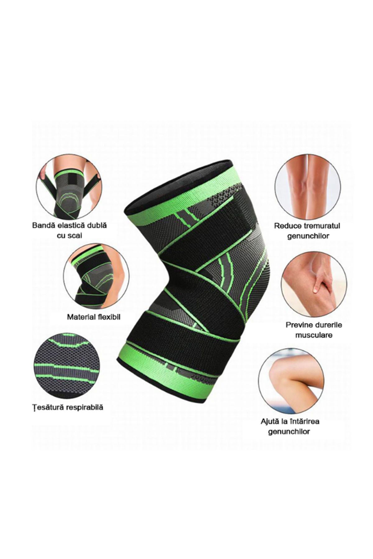 Expres-Set of 2 medical knee pads with elastic straps with breathable compression, size M, black/green 3
