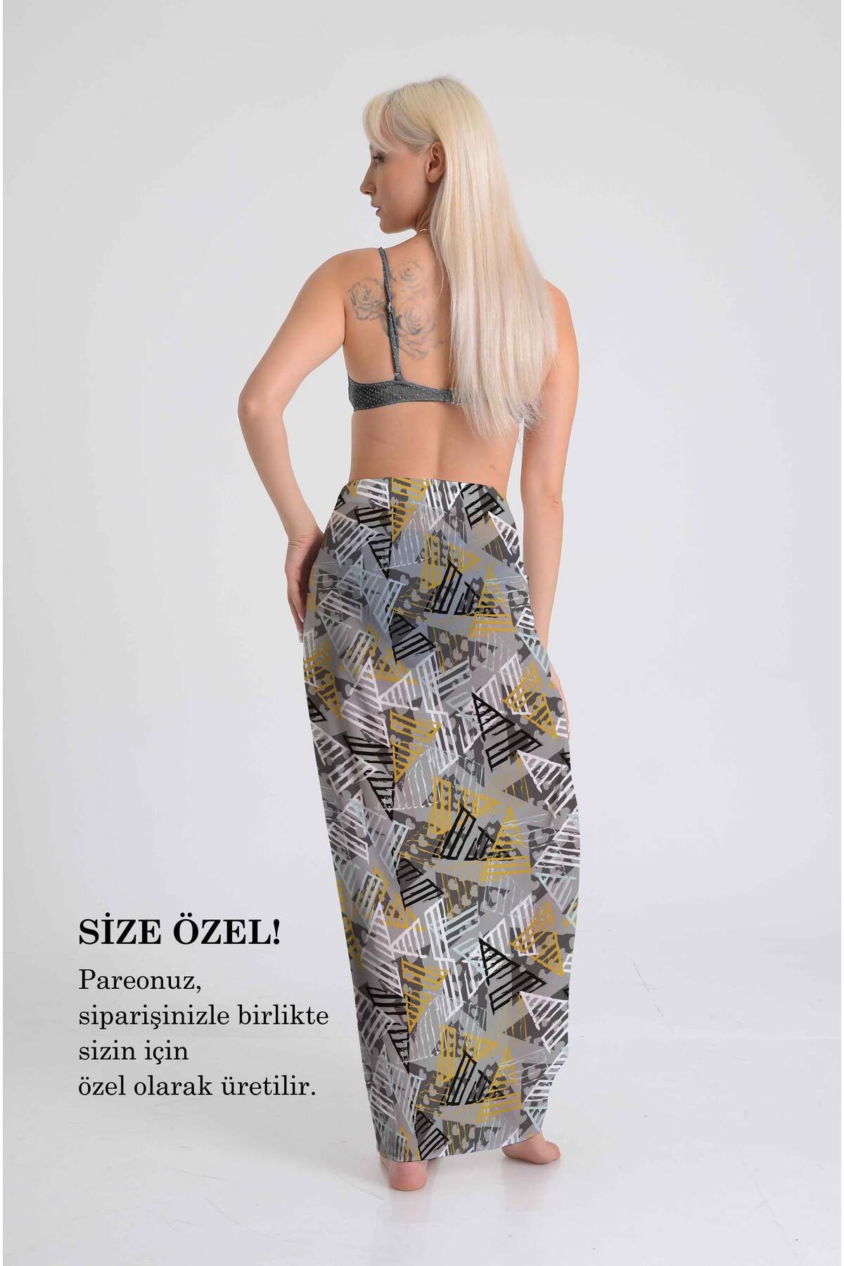 DESENİX-Modern Geometric Triangle Pattern Pareo Grey and Mustard Shades |   100X145Cm |   Digital Printing Silky Chiffon 3