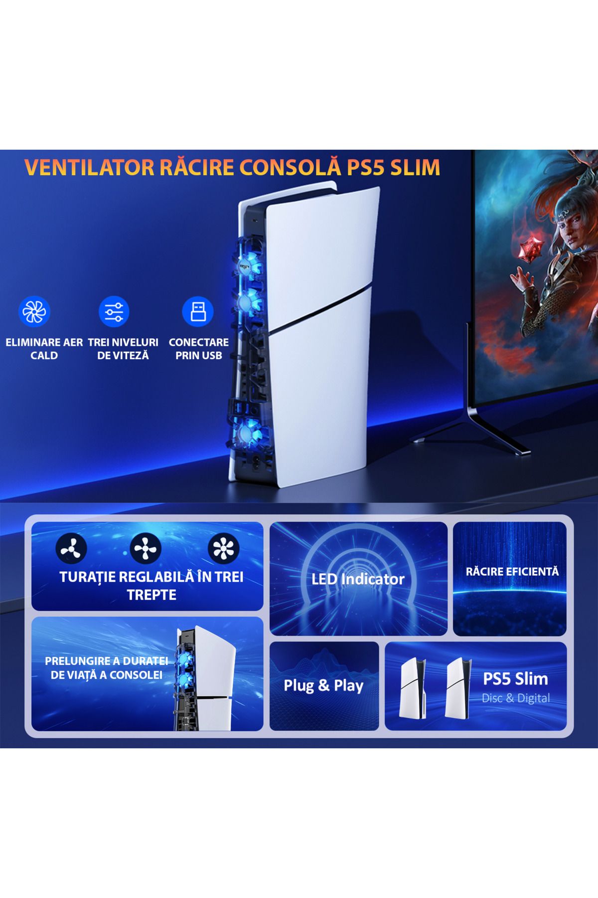 Unified Studios-PS5 Slim Cooling Fan Temperature Sensor, 3 Modes, RGB LED, USB 3.0, Disc & Digital Compatible 6