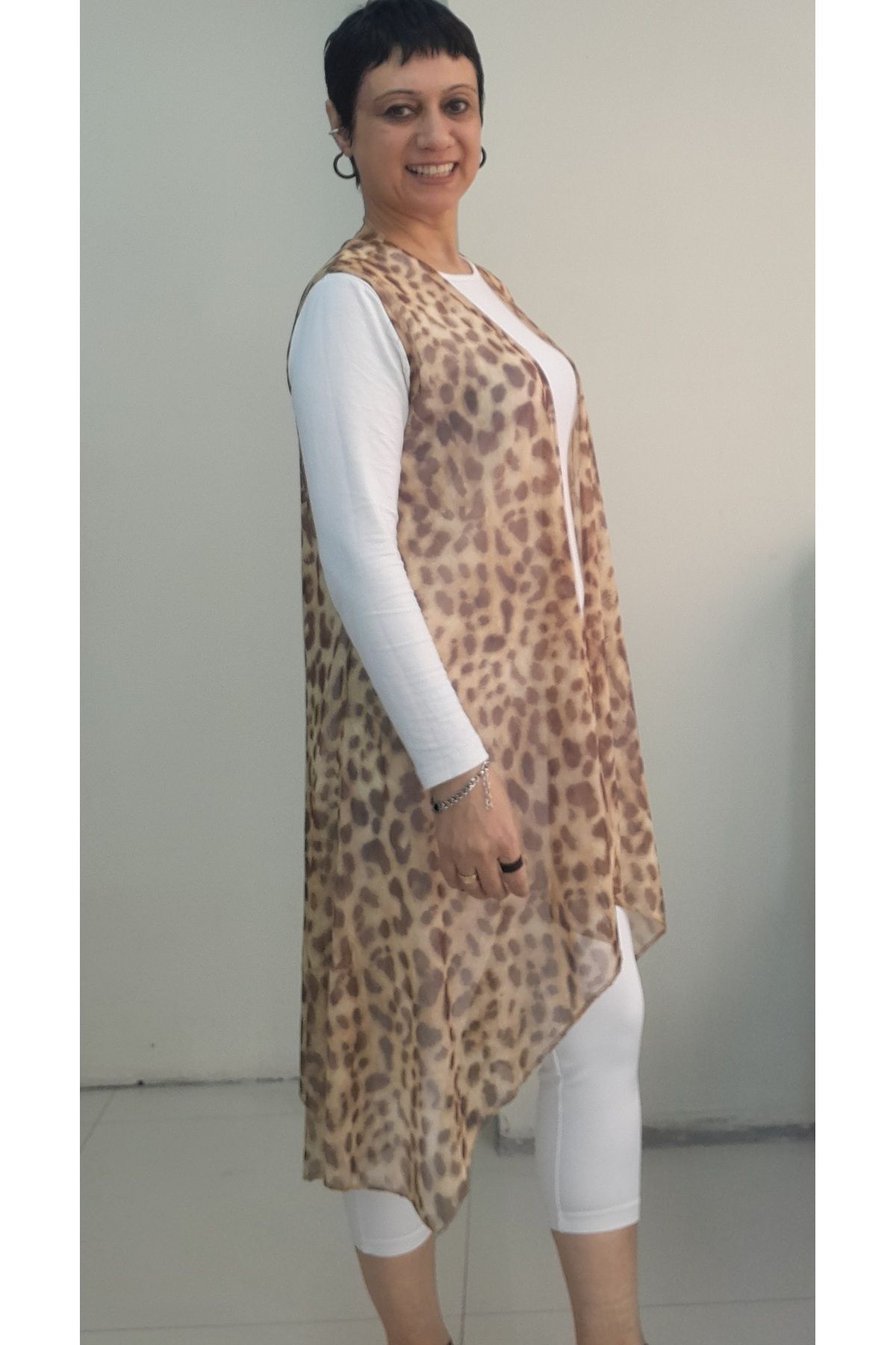 Mertcan Butik-Light Coffee Beige Mink Leopard Print Loose Asymmetrical Cutout Tulle Vest 8